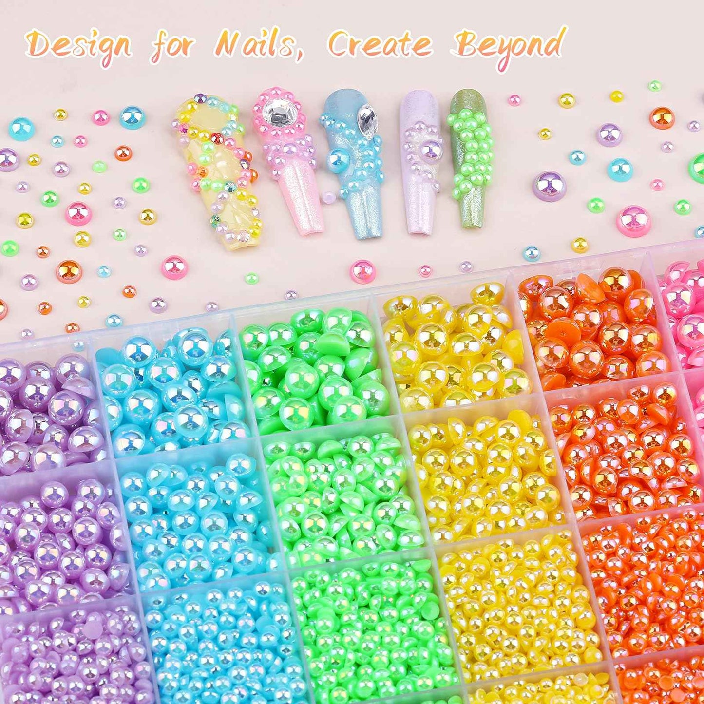 Kikonoke 8500PCS Rainbow Flatback Pearls Set, 3/4/6/8mm Pink Purple Blue Half Round Pearls Bedazzling Bead with Tweezer and Pickup Pen for Nail Art Wedding Tumbler DIY Crafts