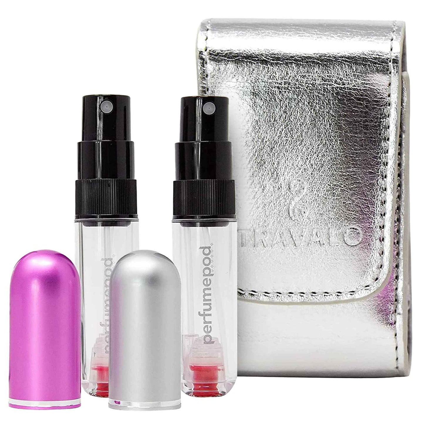 Travalo Pod Pure Perfume Atomizer Duo w/Pouch - Leak-Proof and TSA Approved for Air Travel - Reusable, Airtight, Easy-Fill Mini Pump Sprayer - Clear Body - Lid Colors Silver & Perfect Pink - 2 Pack