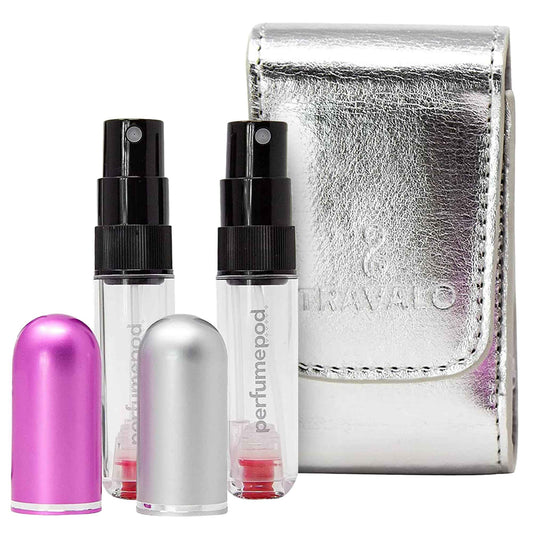Travalo Pod Pure Perfume Atomizer Duo w/Pouch - Leak-Proof and TSA Approved for Air Travel - Reusable, Airtight, Easy-Fill Mini Pump Sprayer - Clear Body - Lid Colors Silver & Perfect Pink - 2 Pack