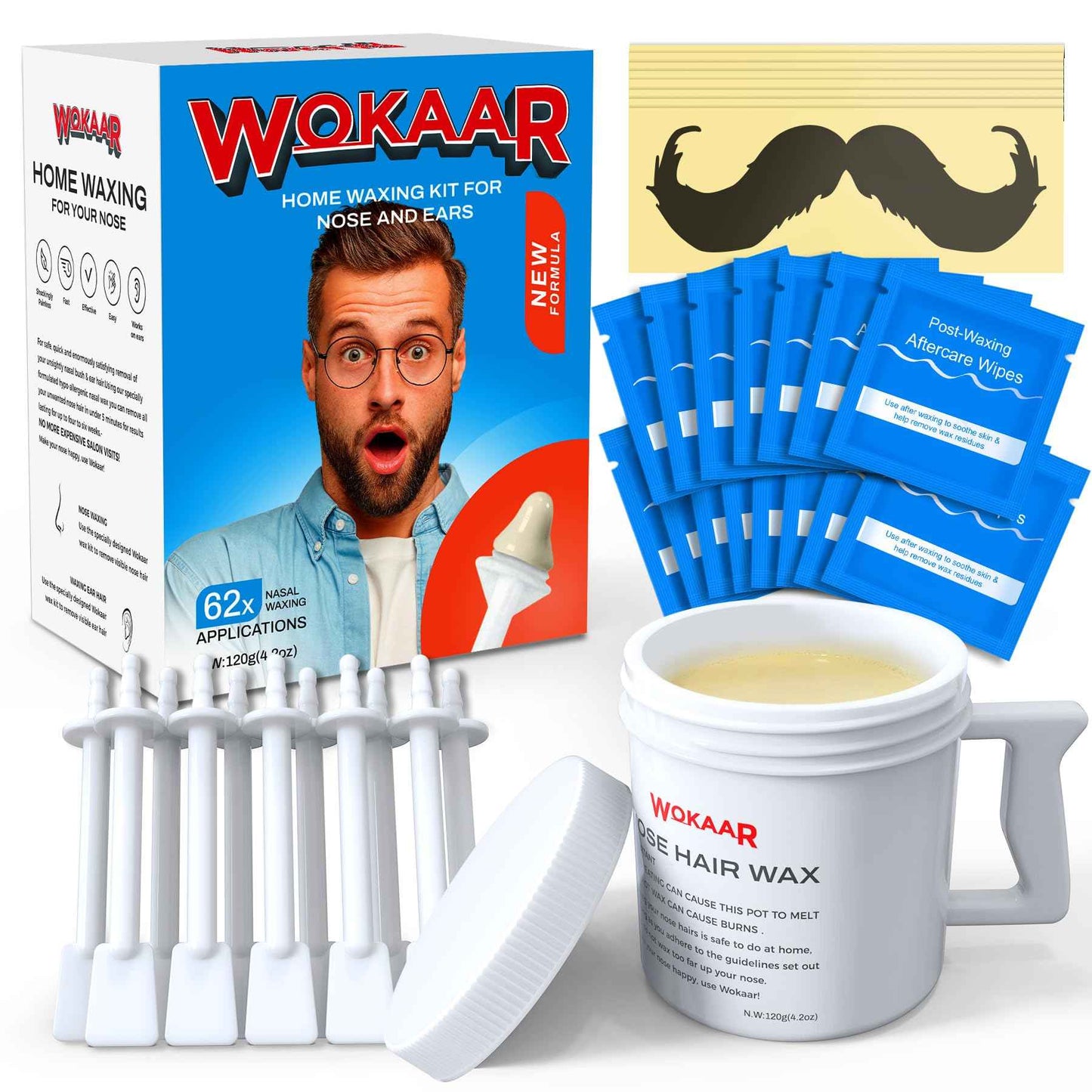 Super Nose Wax Kit Men,120g Wax, 30 Applicators | Ear & Nose Hair Removal Waxing Kit for Women | Includes 15 Balm Wipes & 10 Mustache Guards | Lasts 6 Weeks | Nasal Waxing Kit for Gift