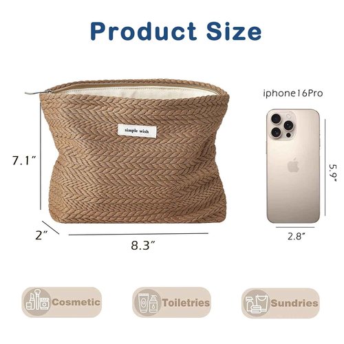 Lestikave Coquette Straw Makeup Bag, Cute Boho Crochet Travel Cosmetic Bag with Zipper,Portable Versatile Toiletry Bag Skincare Bag for Women Girls(02Brown)
