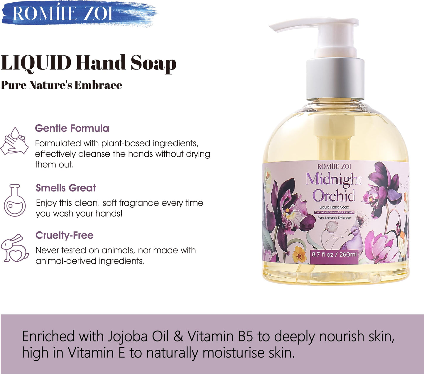 ROMIIE ZOI Liquid Hand Soap with Gift Box - Pure Nature's Embrace -260ml/ 8.7 fl.oz - Variety Pack of 3(Sweet Vanilla,Lily Fresh,Midnight Orchid)