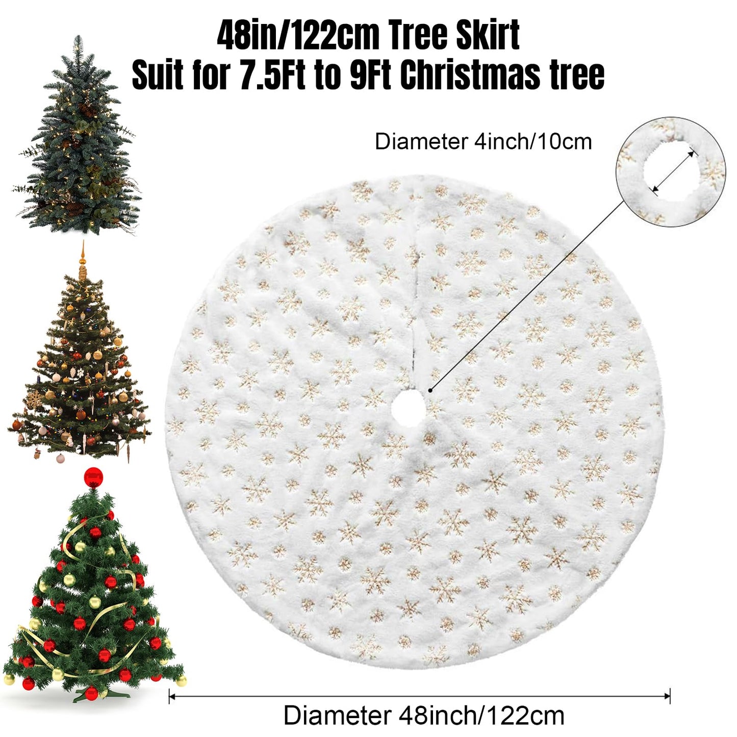 Dremisland Christmas Tree Skirt, 48" Large White&Gold Luxury Faux Fur Tree Skirt with Snowflakes Super Soft Thick Plush Tree Skirt for Xmas Tree Decoration (Golden, 48inch/122cm)