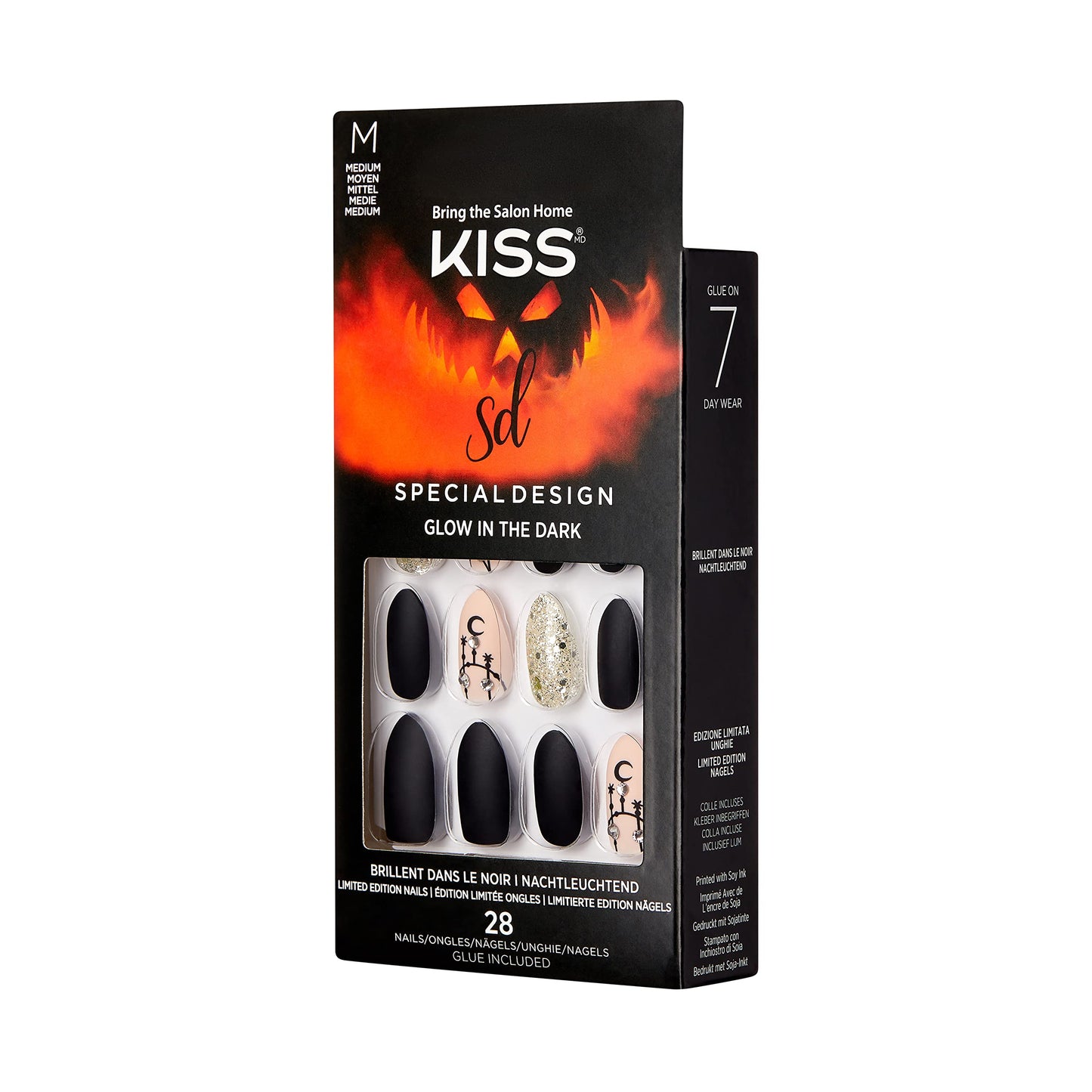 KISS Special Design Halloween Fake Nails, Glow-In-The-Dark, Style ‘Scary Skeletons’, with Pink Gel Nail Glue, Mini Nail File, Manicure Stick, & 28 False Nails