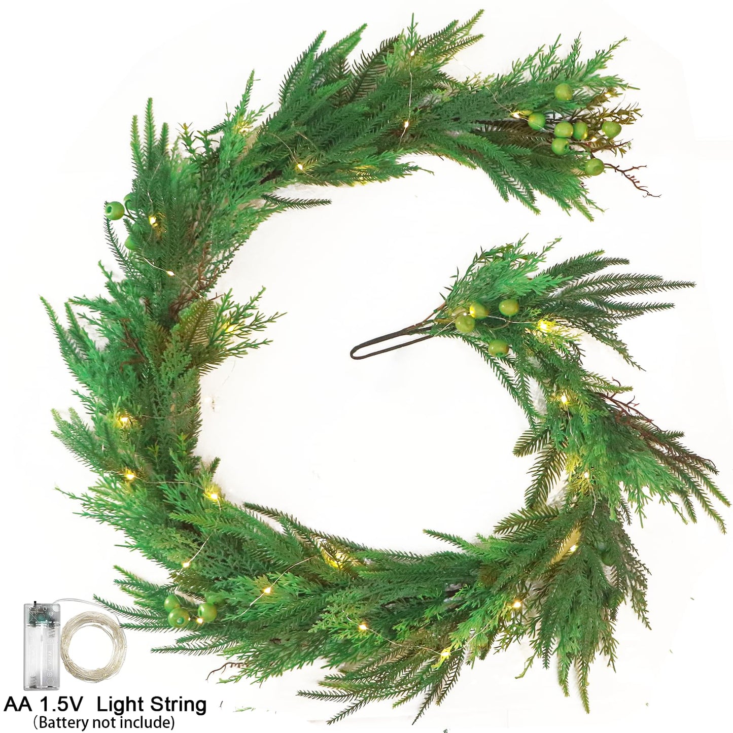 Norfolk Pine Cypress Garlands with Green Berry, 6Ft Artificial Soft Christmas Pine Garland with10Ft Light String, Green Real Touch Greenery Garland for Table, Mantle, Premium Christmas Decorations.