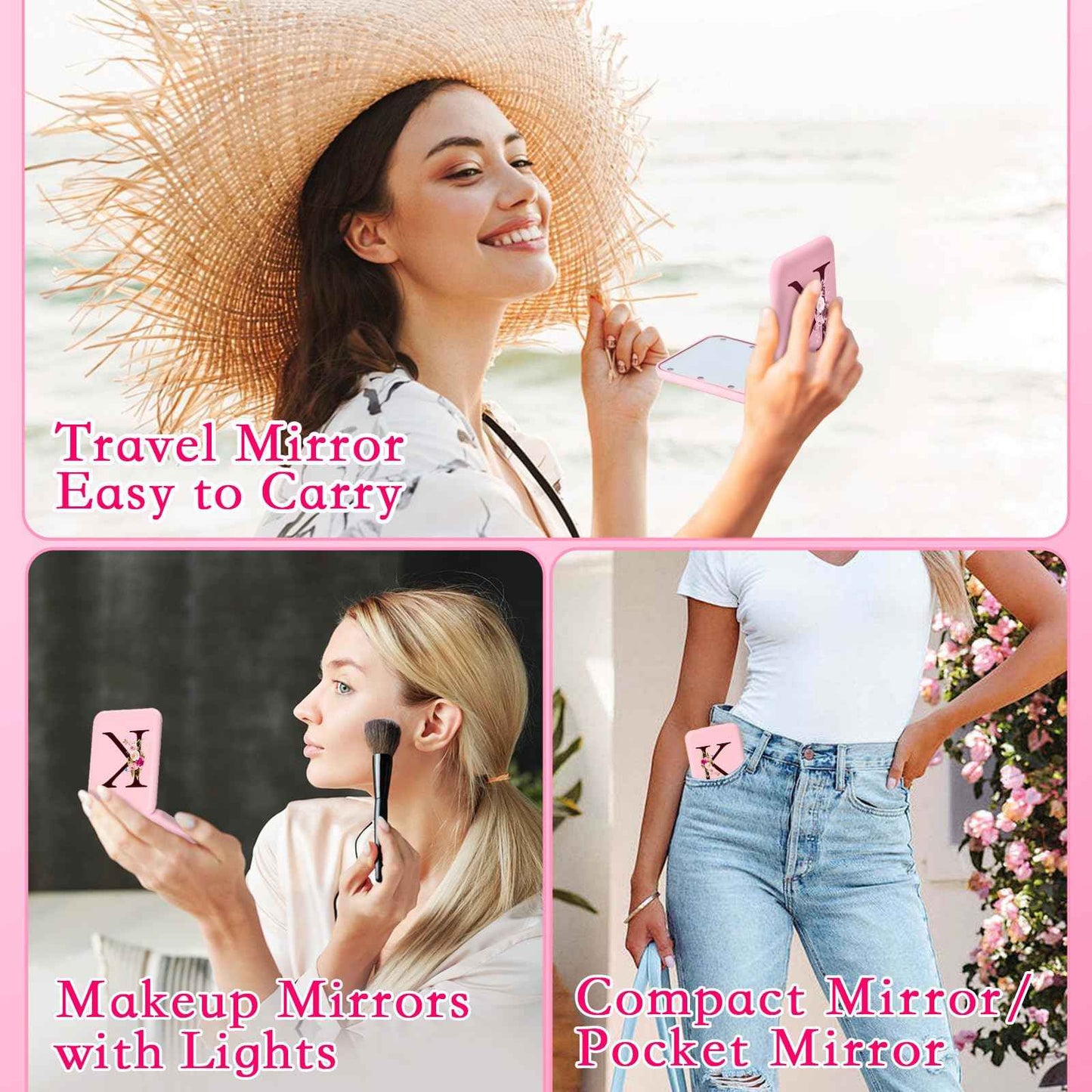 KEWWADB Travel Mirror with Lights, Initials Portable Compact Mirror, Travel Essentials, Suitable Gifts for Mom（Pink，K）