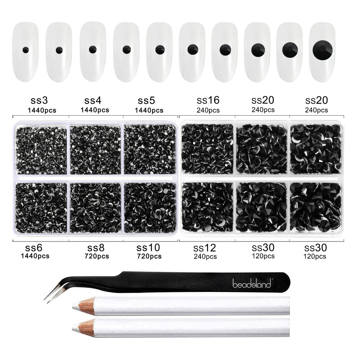 Beadsland 8300PCS Flatback Rhinestones, Black Rhinestone Round Crystal Rhinestones for Crafts, Mixed 10 Sizes with Wax Pencil and Tweezer Kit, SS3-SS30, Jet Black