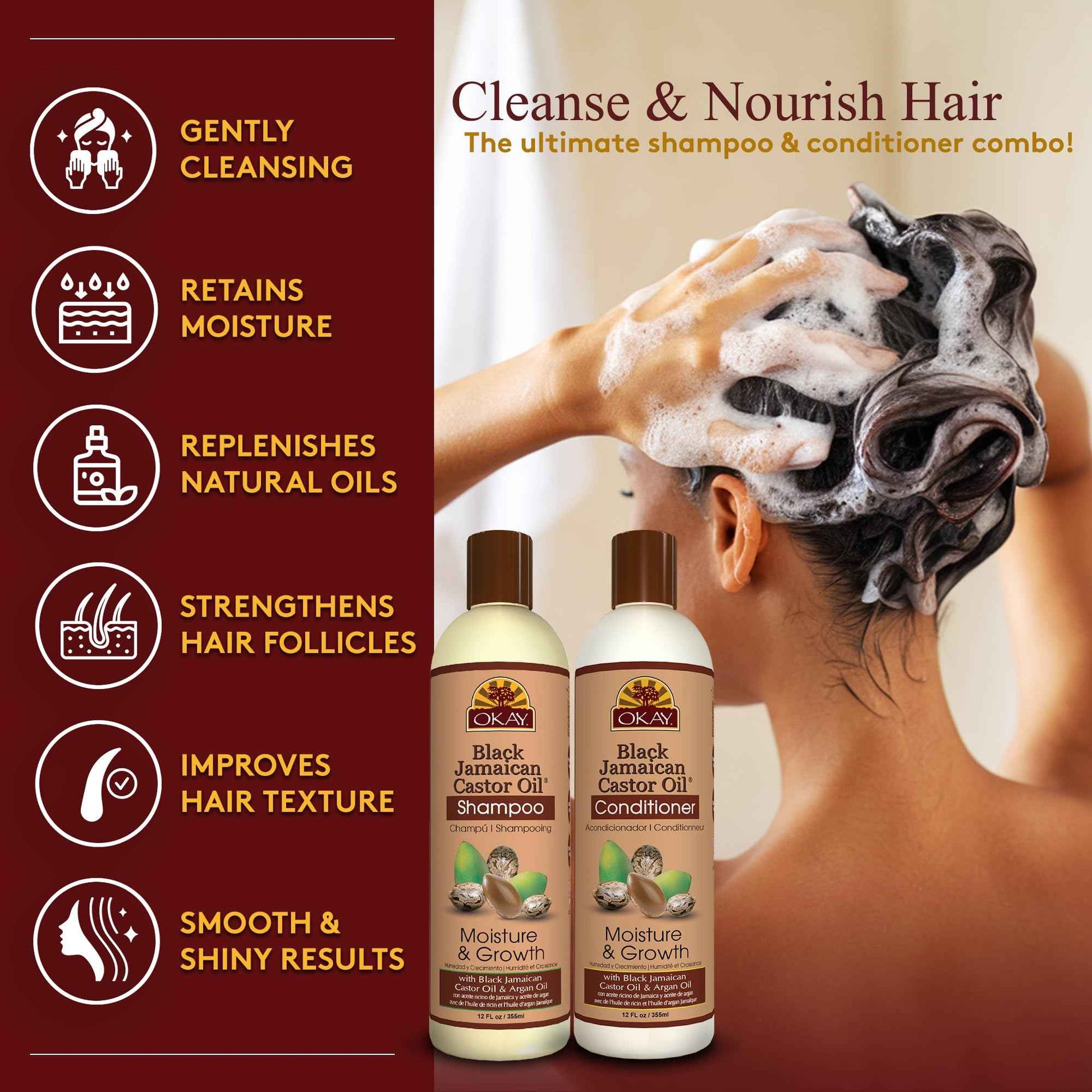 Okay Shampoo & Conditioner Black Jamaican Castor Oil Hair Care Set Moisture & Growth Helps Strengthen & Regrow Hair Sulfate, Silicone, Paraben Free for All Hair Types, 12 ounces