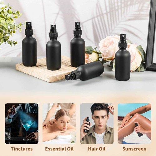 BILLIONSTARS 24 Pack 2oz Glass Boston Round Bottle with Fine Mist Sprayer - Black Frosted - Essential Oils, Bath, Beauty, Hair & Cleaning - Leakproof Travel Bottles