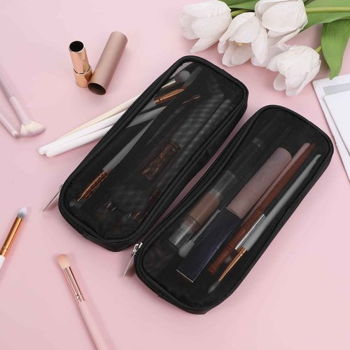 8.3 X 4 Inch 2 PCS Mesh Makeup Brush Bag Clear Travel Makeup Brush Holder Portable Mesh Travel Toiletry Bag with Zipper, Transparent Makeup Brush Storage Bag Cosmetics Brushes Organizer (Black)