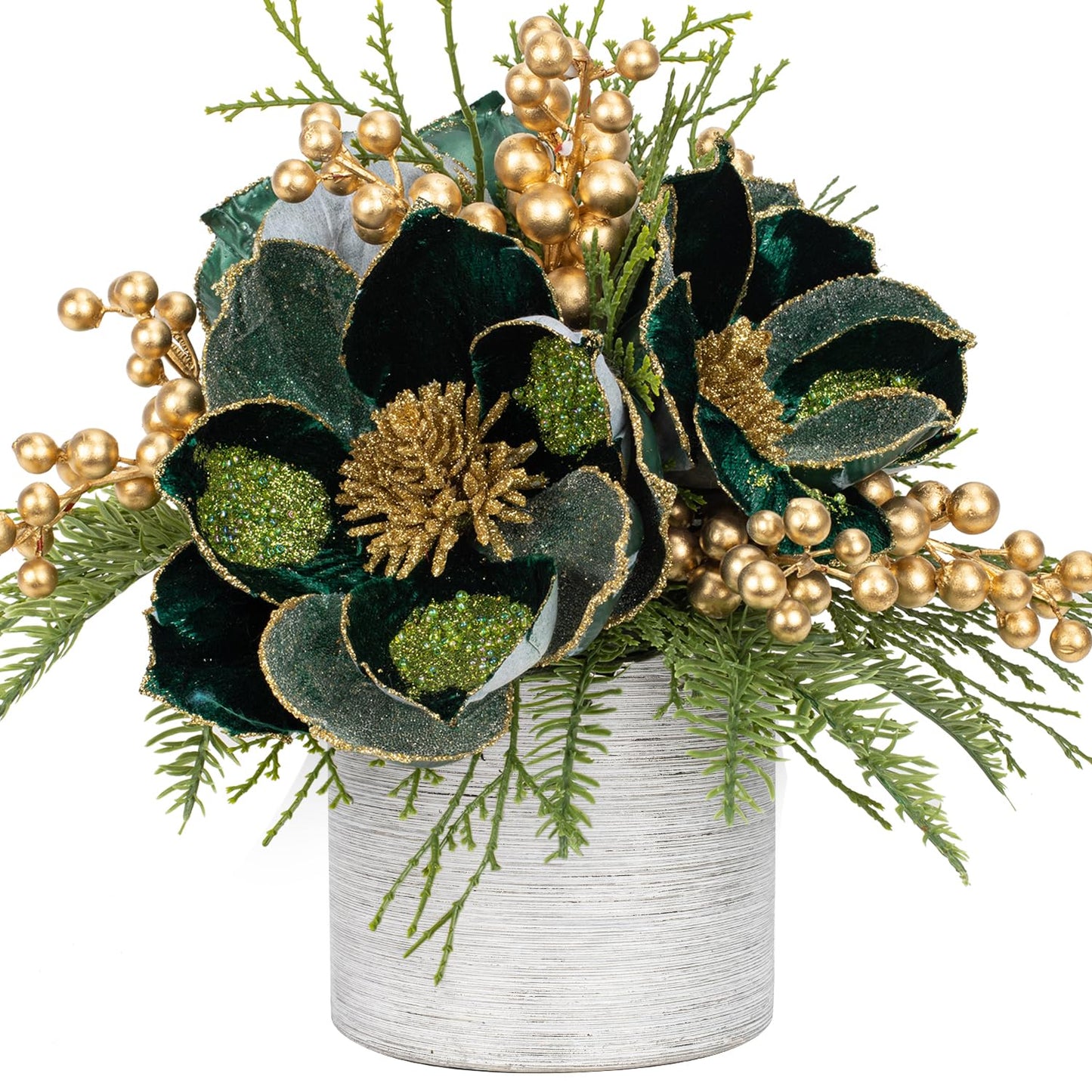 13 inch Green Christmas Table Centerpiece 5" Glitter Magnolia Flower and Berries Fir Greenery Artificial Christmas Floral Centerpiece in Ceramic Pot TableTop Christmas Table Arrangement Decoration