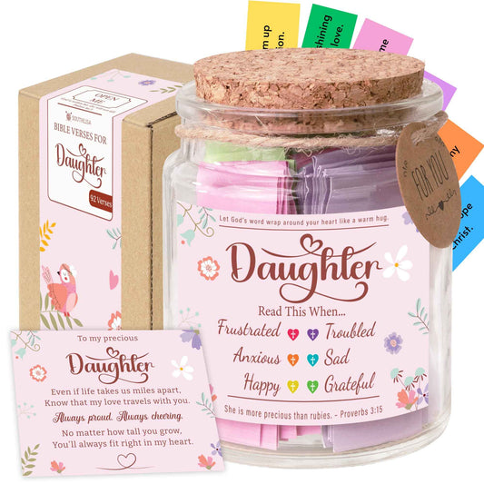 Bible Verse Jar for Daughter – 92 Encouraging Scriptures by Emotion, Christian Gift from Mom or Dad, Inspirational Jar for Teen Girls & Adult Daughter