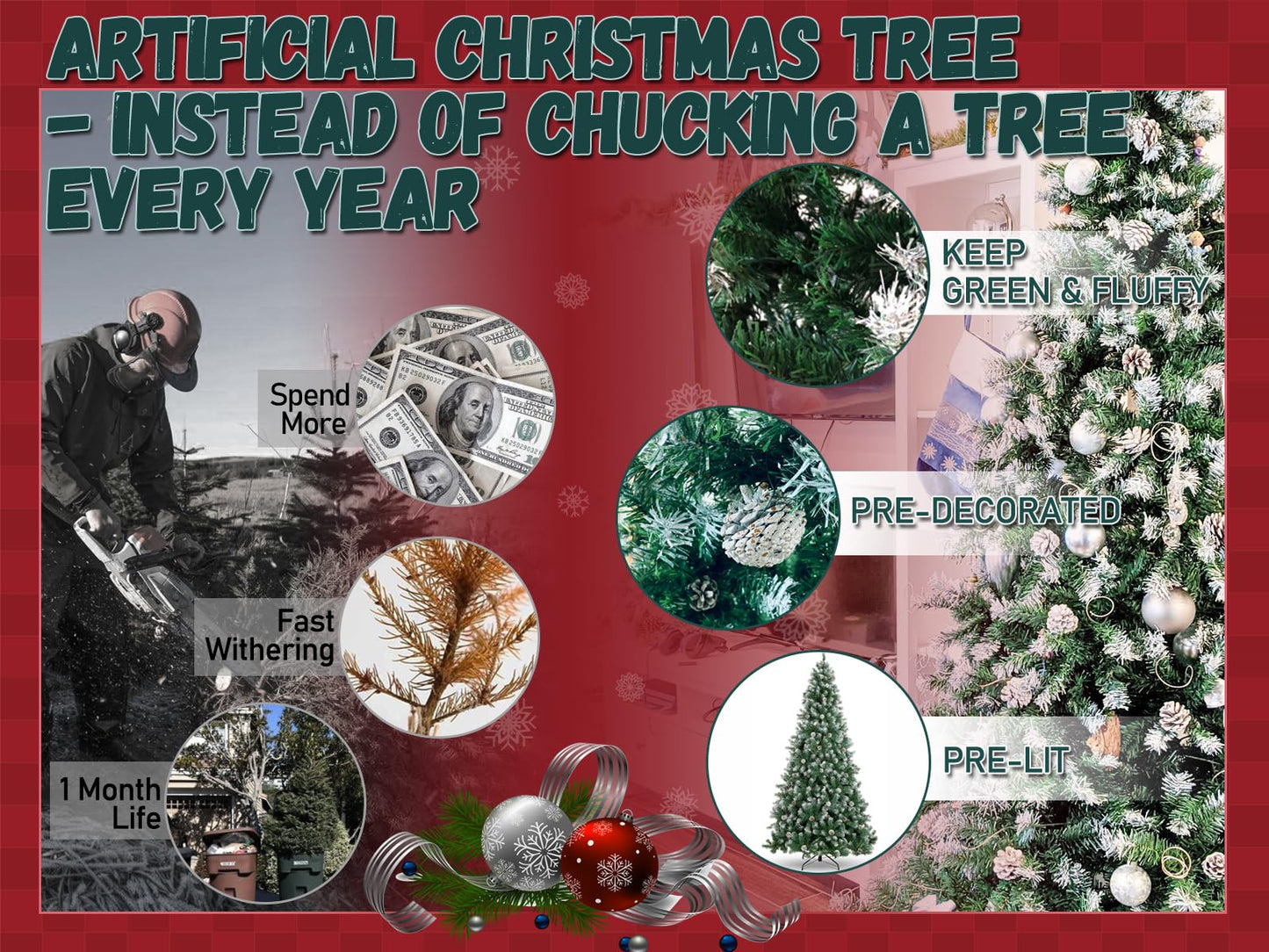 6ft Flocked Christmas Tree with Decorations (900 PVC Branch Tips & 56 Pine Cones), Metal Hinges & Base, Green and White Slight Pre-Decorated Artificial Xmas Tree 6 feet | Add Holiday Touch