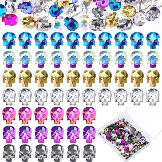 Queekay 70 Pcs Skull Nail Charms Halloween 3D Nail Art Charms Silver Gold Rainbow Alloy Rhinestone Skull for DIY Manicure