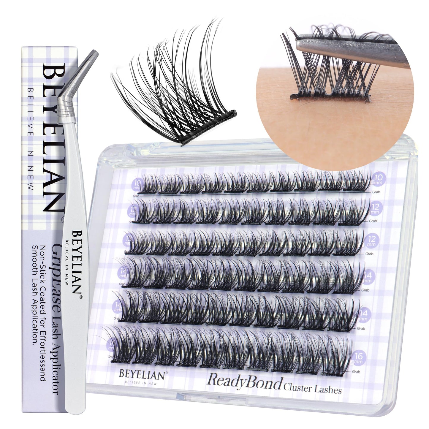 BEYELIAN Self Adhesive Lash Clusters Kit D+ Curl Press-On No Glue Needed DIY Lash Extension Reusable Cluster Lashes Fuss Free No Sticky Residue Self Application at Home 10-16mm 60 Pcs (R01)