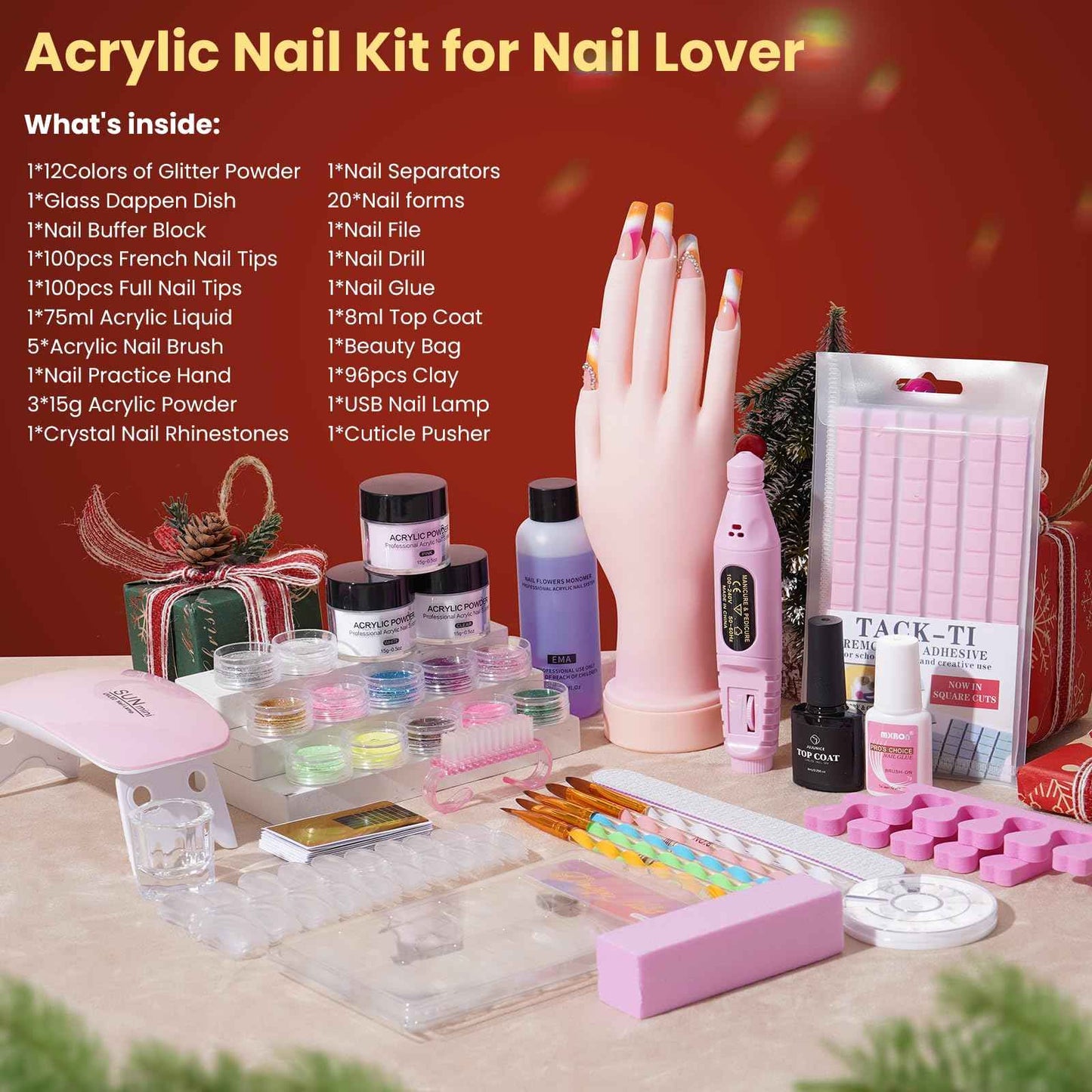 Nail Kit for Beginners with Everything: Practice Hand Acrylic Nail Set Professional Powder Drill Liquid Starter Kits with U V Lamp in Cosmetic Gift Bag for Women Salon Home (Pink)