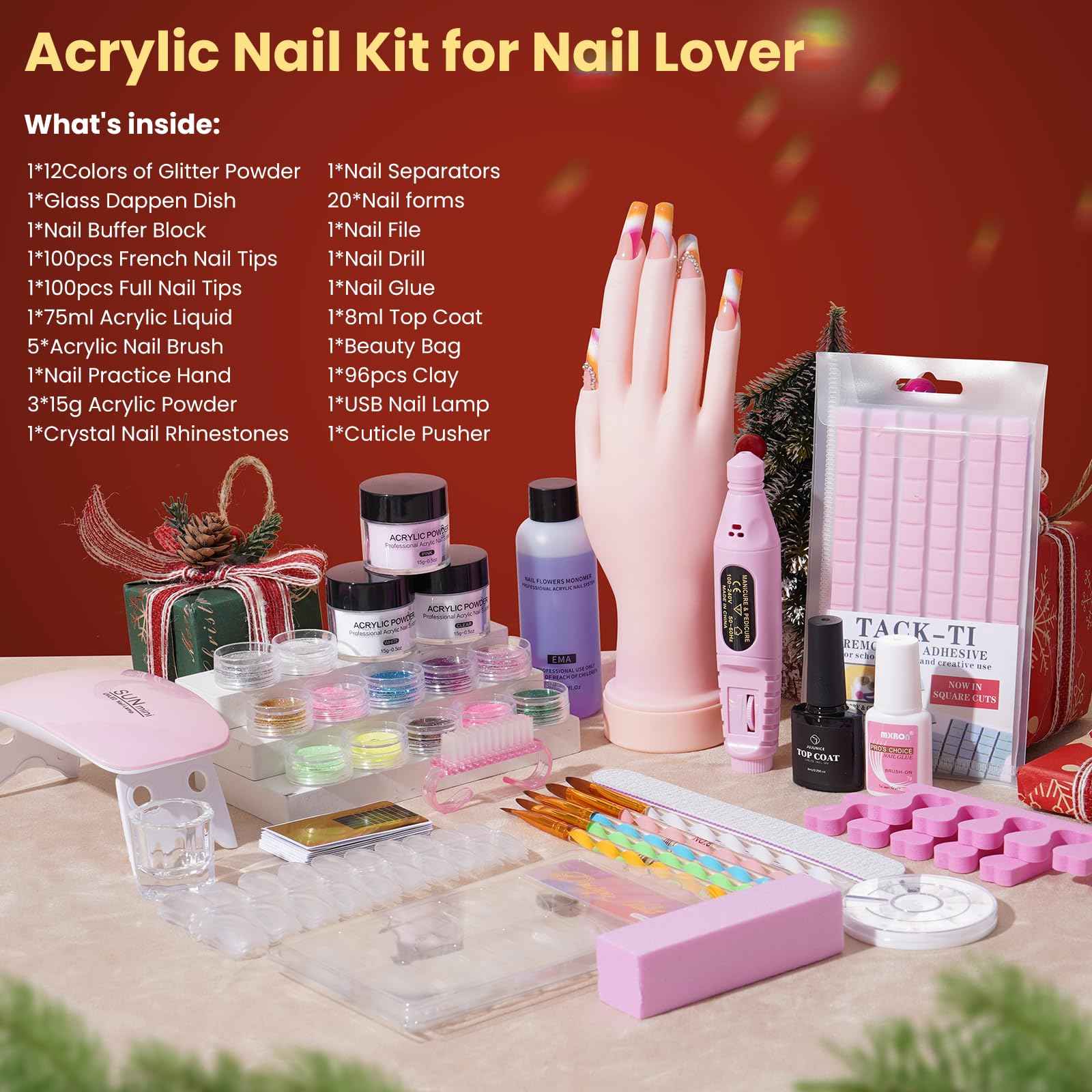 Nail Kit for Beginners with Everything: Practice Hand Acrylic Nail Set Professional Powder Drill Liquid Starter Kits with U V Lamp in Cosmetic Gift Bag for Women Salon Home (Pink)