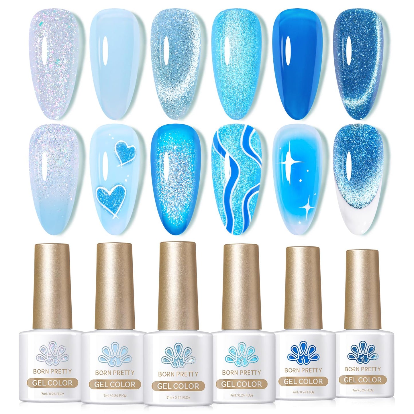 Born Pretty Jelly Gel Nail Polish, Glitter Gel Polish, Blue Cat Magnetic Eye Gel Nail Polish, Sheer Crystal Auroras Pearl Mermaid Gel Nail Polish Nail, Summer Spring Manicure 6PCS 7ml