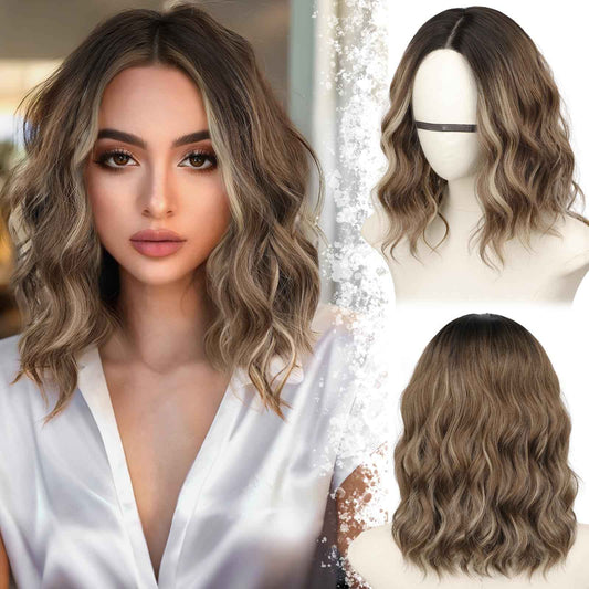 Starmo Ombre Light Brown With Blonde Short Wavy Bob Glueless Synthetic Lace Front Wig for Women Pre Cut for Beginners Natural Hairline 14 Inch