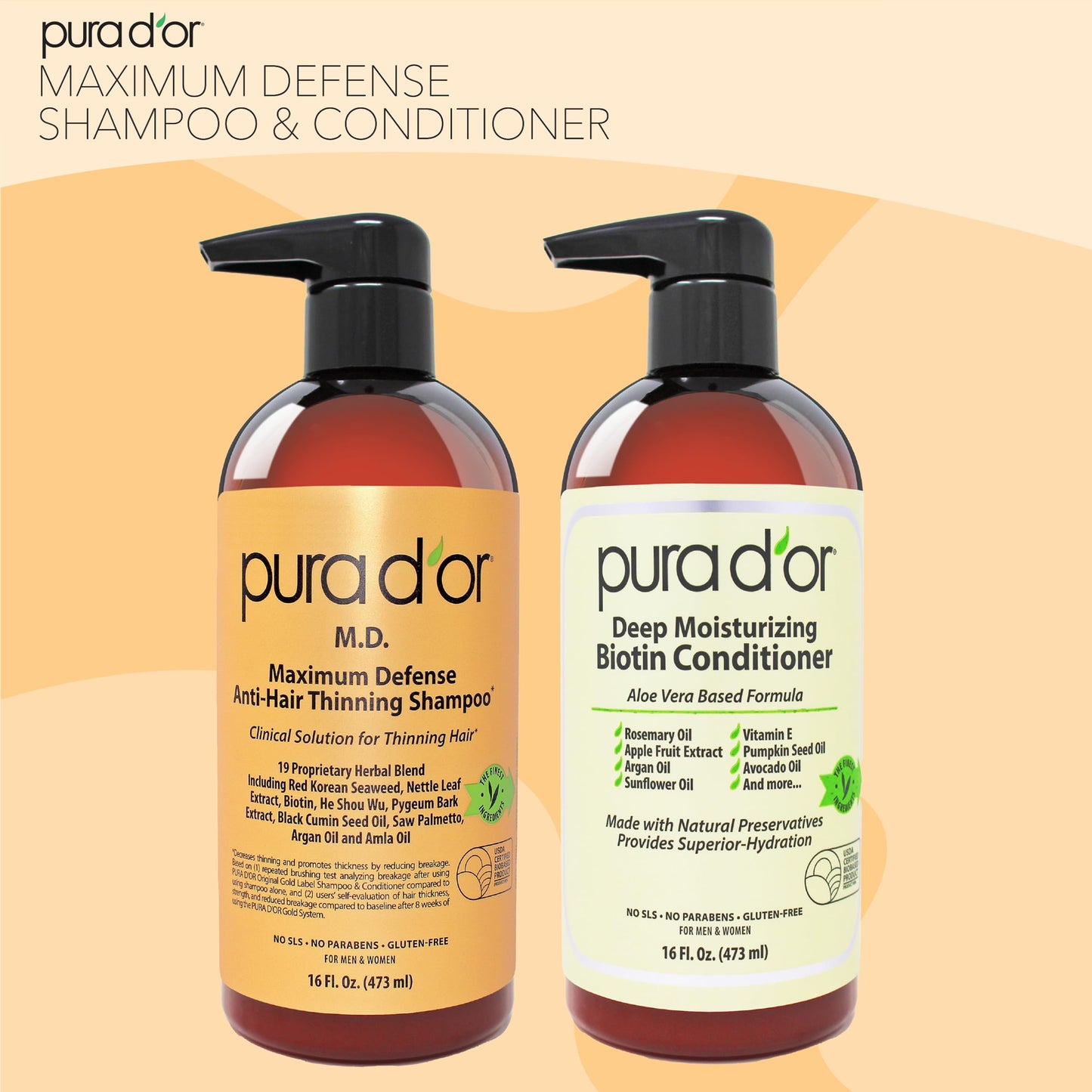 PURA D'OR Anti-Thinning Biotin Shampoo & Conditioner Set, Maximum Defense Coal-Tar Strong Scented DHT Blocker Hair Thickening Products For Women & Men, Daily Routine Shampoo For Scalp Health, 16oz x 2