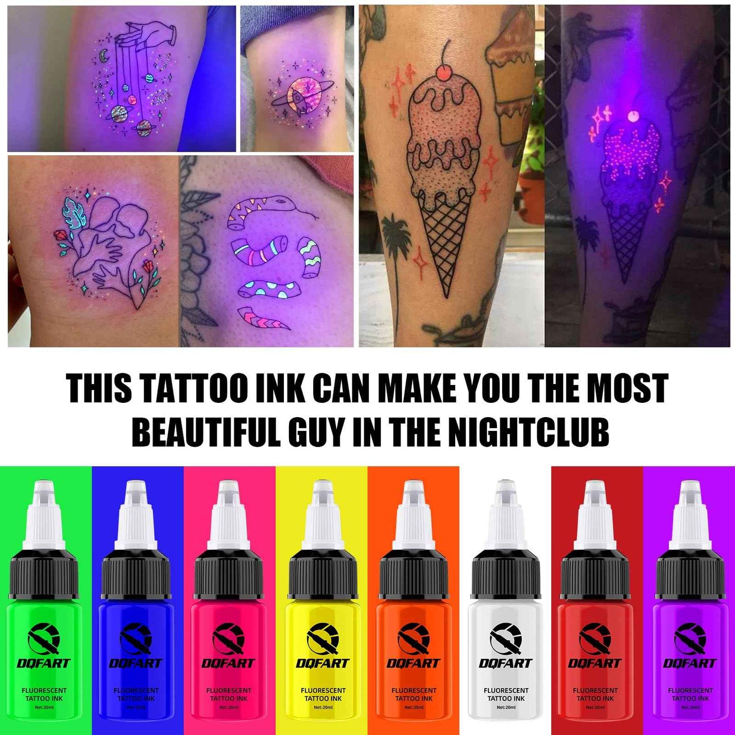 DQFART Tattoo Fluorescent Ink 0.65 oz (20ML) 8 Color UV Tattoo Ink TI-002