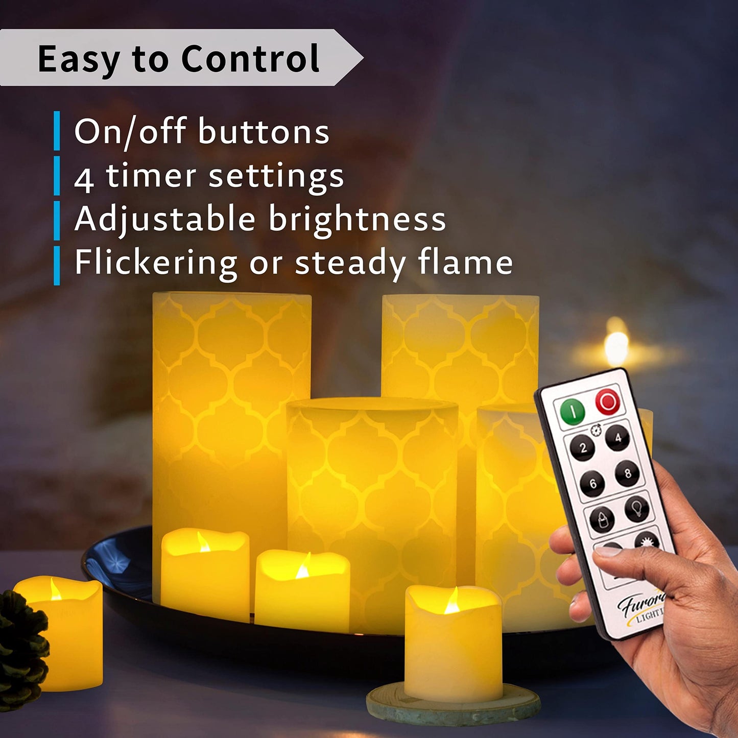 FURORA LIGHTING LED Flameless Candles with Remote Control, Set of 8, Real Wax Battery Operated Pillars and Votives LED Candles with Flickering Flame and Timer Featured - White Nordic Collection