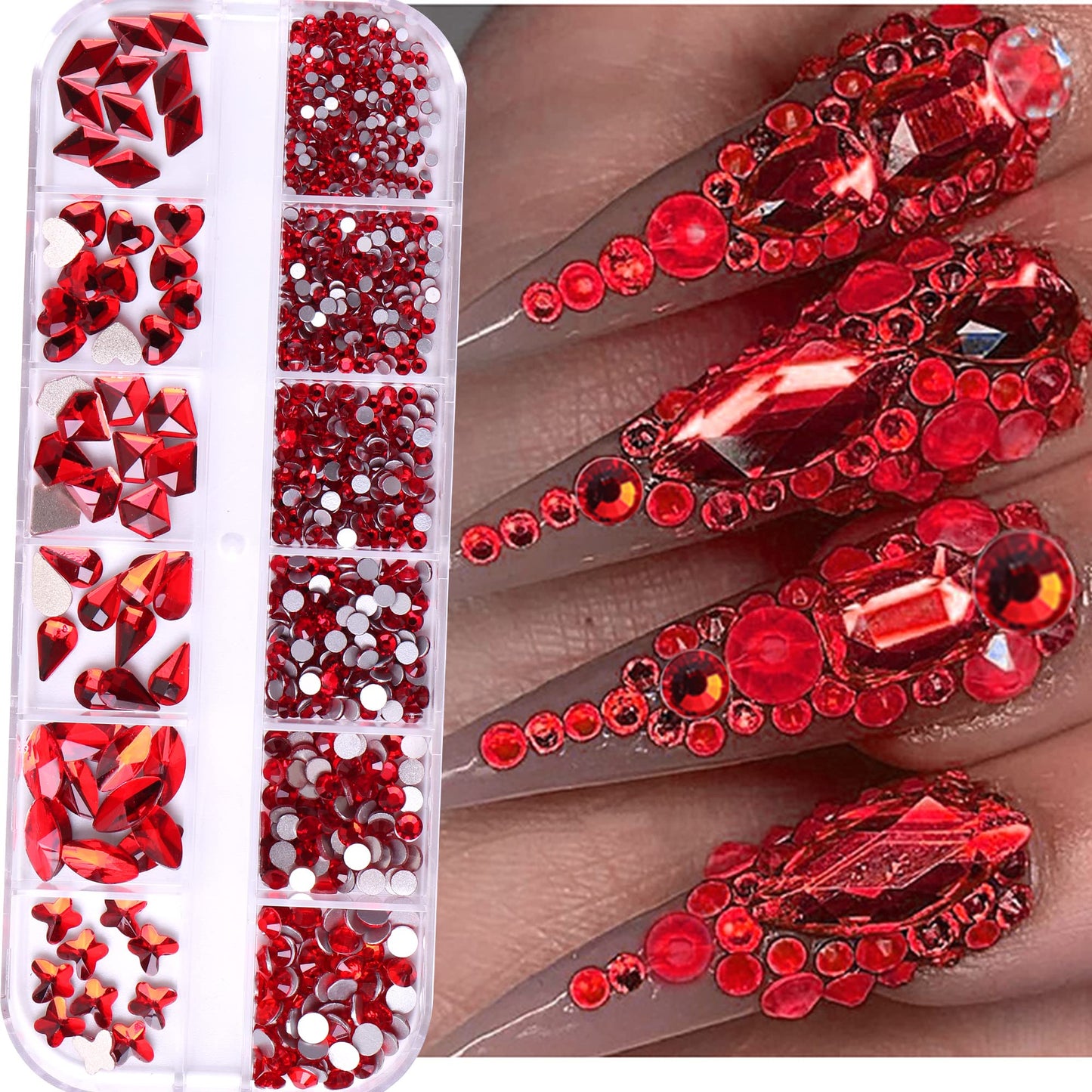 810PCS Red Crystal Nail Arts Rhinestones Round Beads Flatback Glass Gems Stones Multi Shapes Sizes Red Rhinestones Nail Crystals for Nail DIY Crafts Clothes Shoes Jewelry