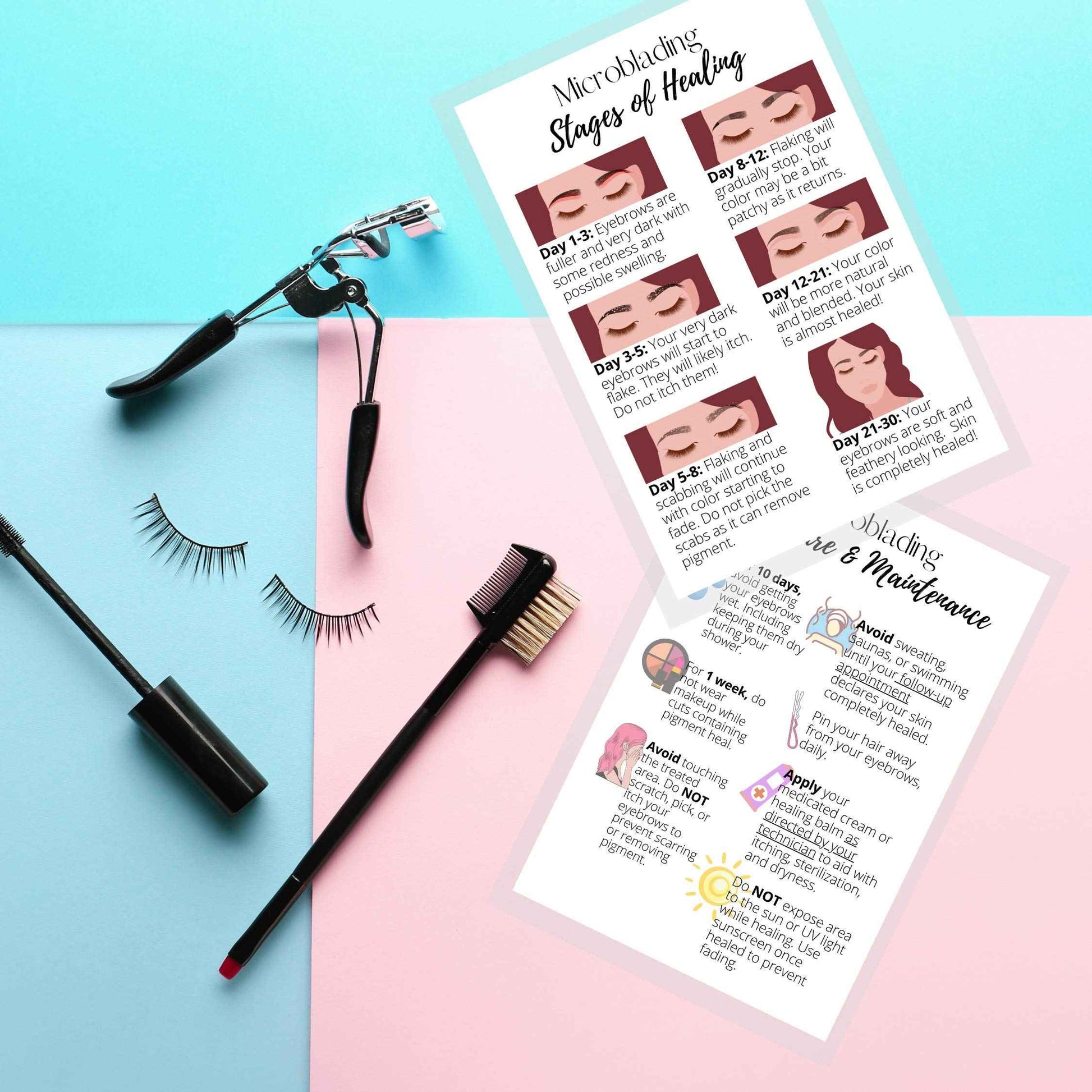 Eyebrow Microblading Healing & Aftercare Instructions Postcards | Package of 30 | Double Sided Size 4 x 6" inches Postcard | White with Pictures