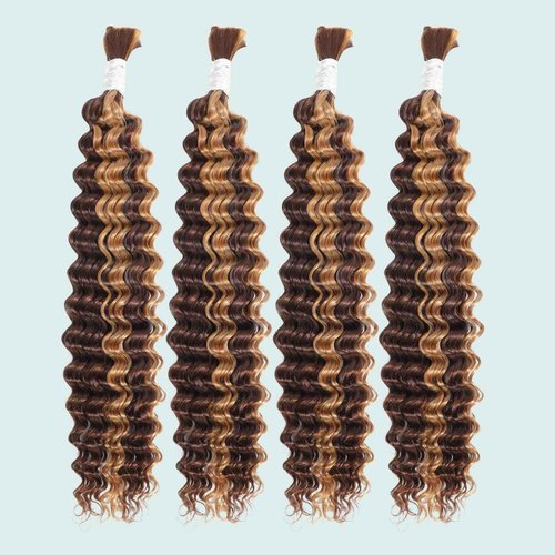 AUROO Braiding Hair P4/27 Honey Blonde Highlight Deep Wave Bulk Human Hair For Braiding 100g, 12A No Weft Virgin Ombre Brown Bundles Wet n Wavy Curly Micro Braiding Hair For Boho Knotless Braids 16 in