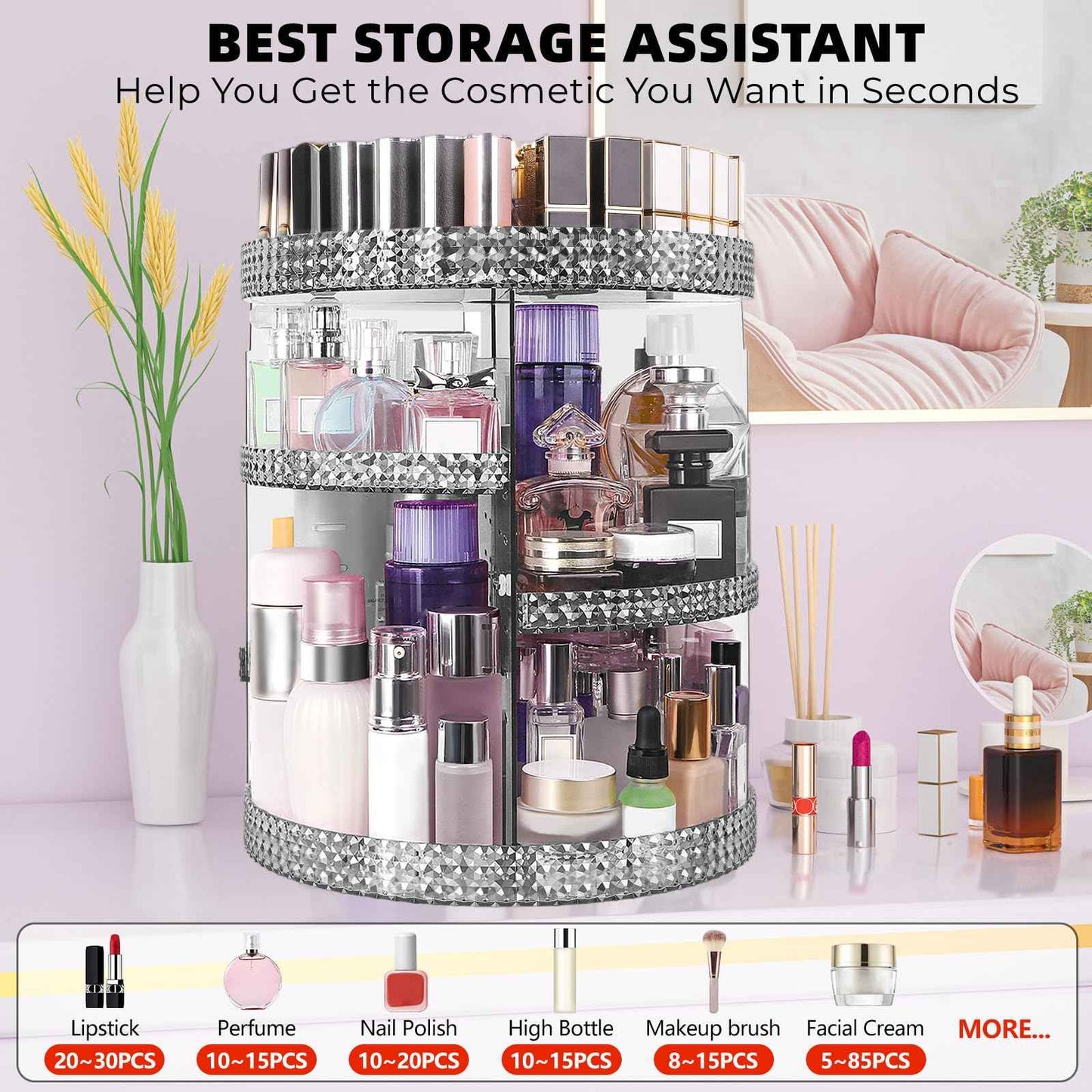 HEMTROY 360 Degree Rotating Makeup Organizer, Extra Large Capacity Cosmetic Storage Unit, Removable DIY 7 Layers Skincare Organizer, Acrylic Beauty Perfume Organizer for Vanity Countertop (Gray)