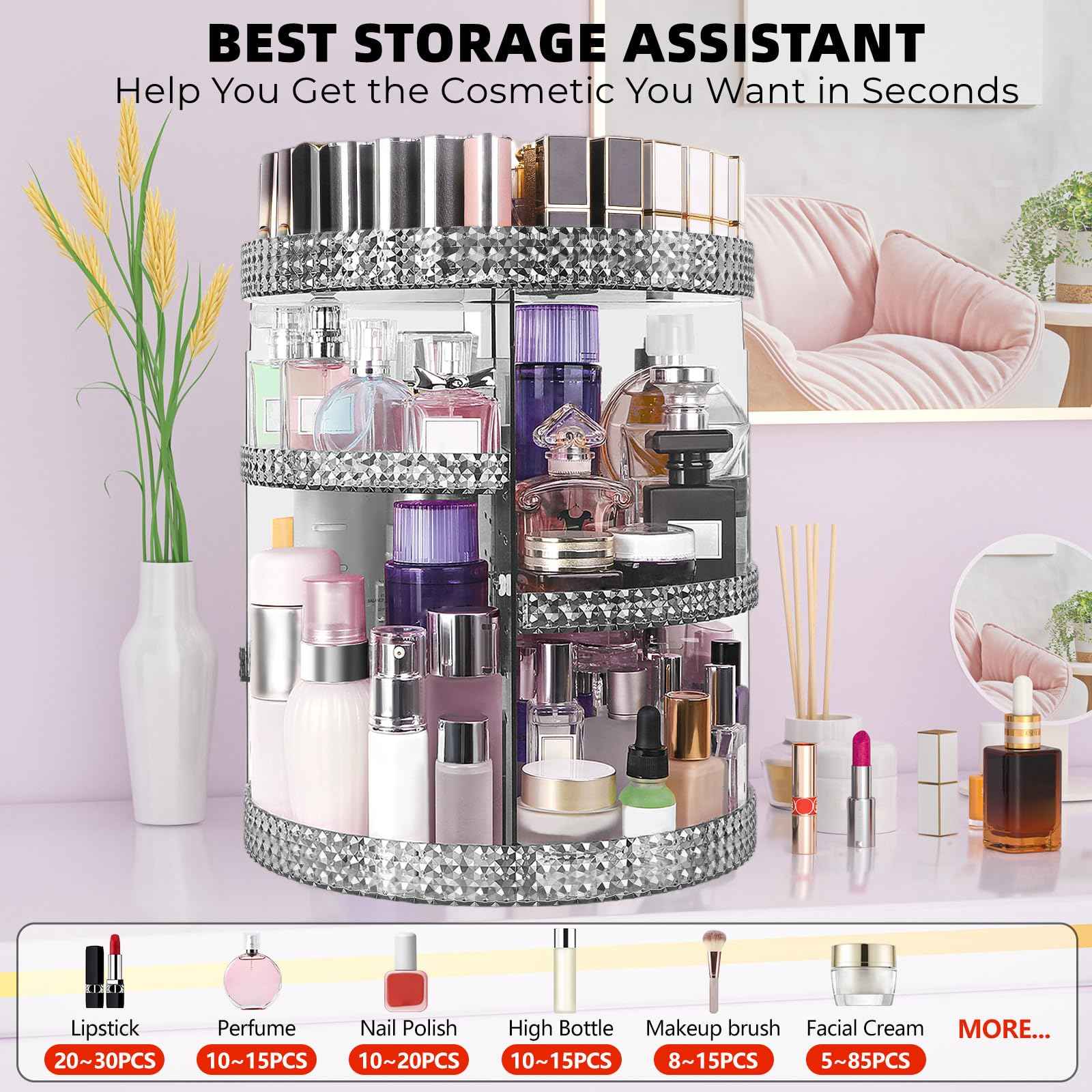 HEMTROY 360 Degree Rotating Makeup Organizer, Extra Large Capacity Cosmetic Storage Unit, Removable DIY 7 Layers Skincare Organizer, Acrylic Beauty Perfume Organizer for Vanity Countertop (Gray)