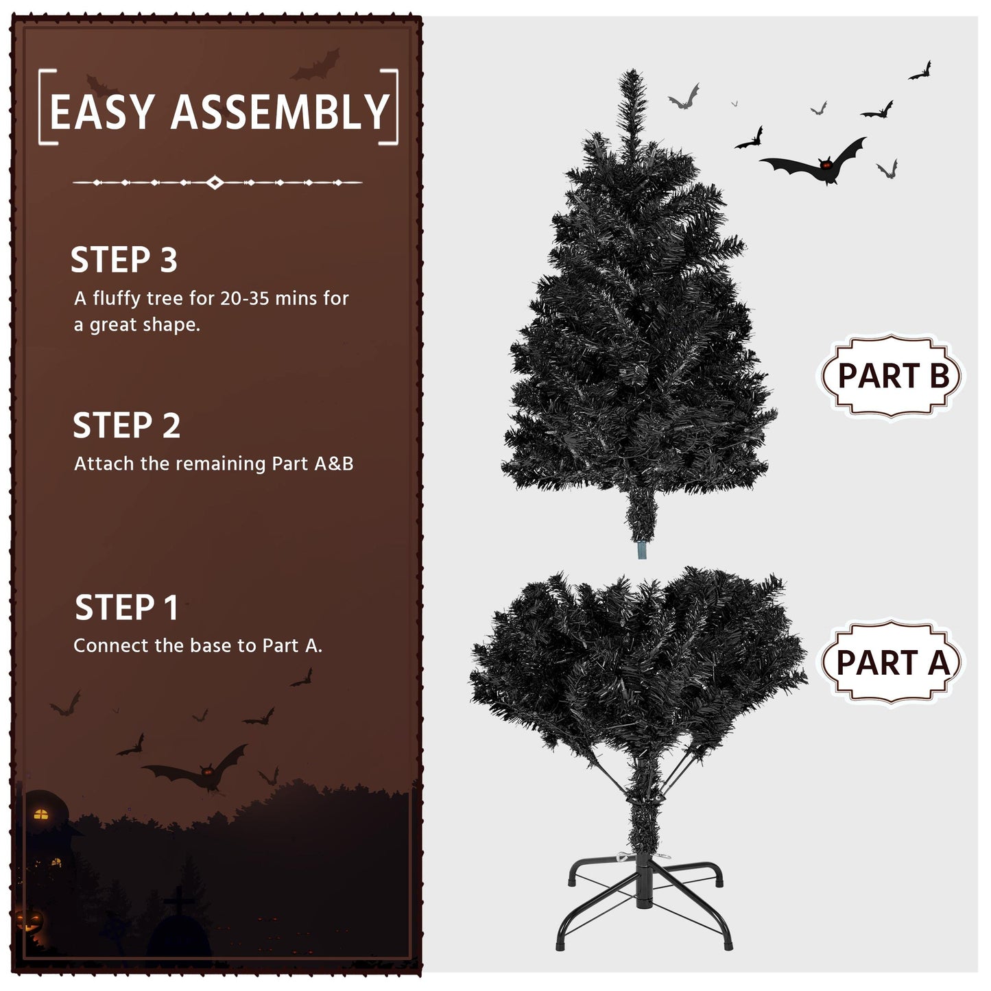 Yaheetech 4ft Pre-lit Halloween Black Spruce Artificial Hinged Christmas Pine Tree Prelighted Xmas Tree for Home Party Holiday Decoration with 70 Clear Warm White Lights and 110 Branch Tips, Black