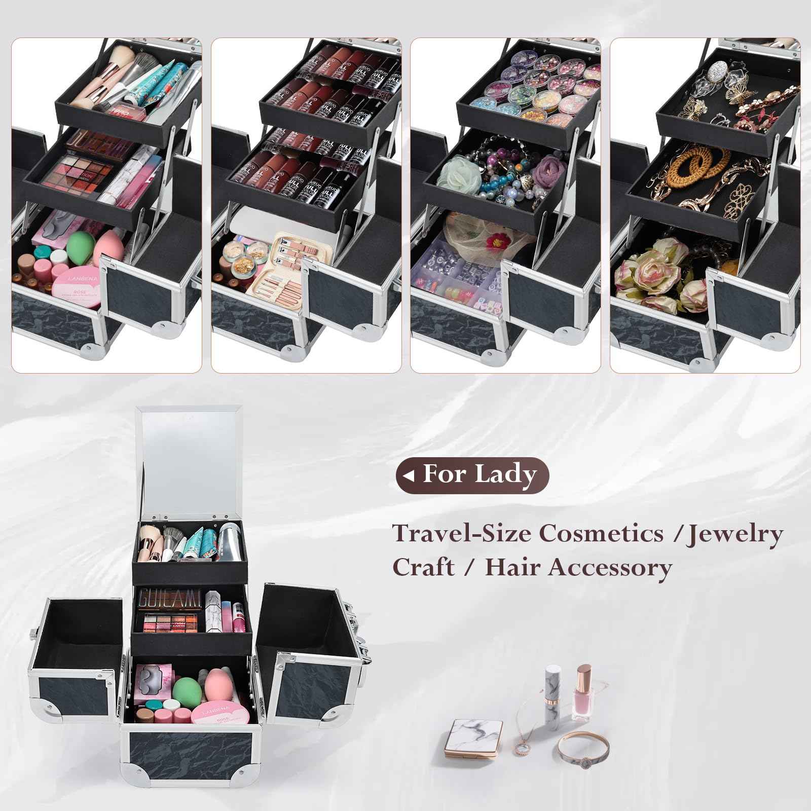 Costravio Makeup Case Train Case Portable Makeup Box with Mirror Lock Box Travel Cosmetic Train Cases Hard Make Up Organizer for Girls Nail Craft Storage Vanity Misty Hills Black