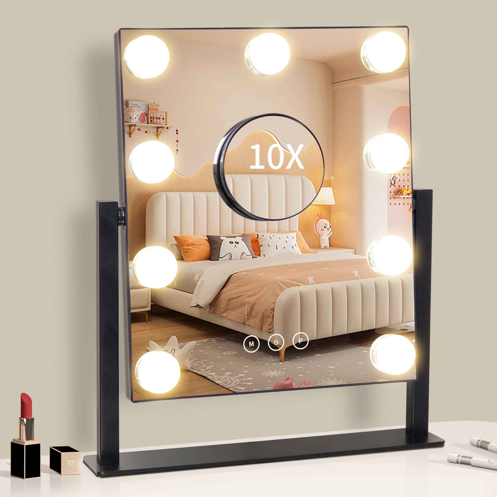 NUSVAN Vanity Mirror with Lights,Makeup Mirror with Lights with 9 Dimmable LED Bulbs, 3 Color Lighting Modes Detachable 10X Magnification Mirror Touch Control,360°Rotation