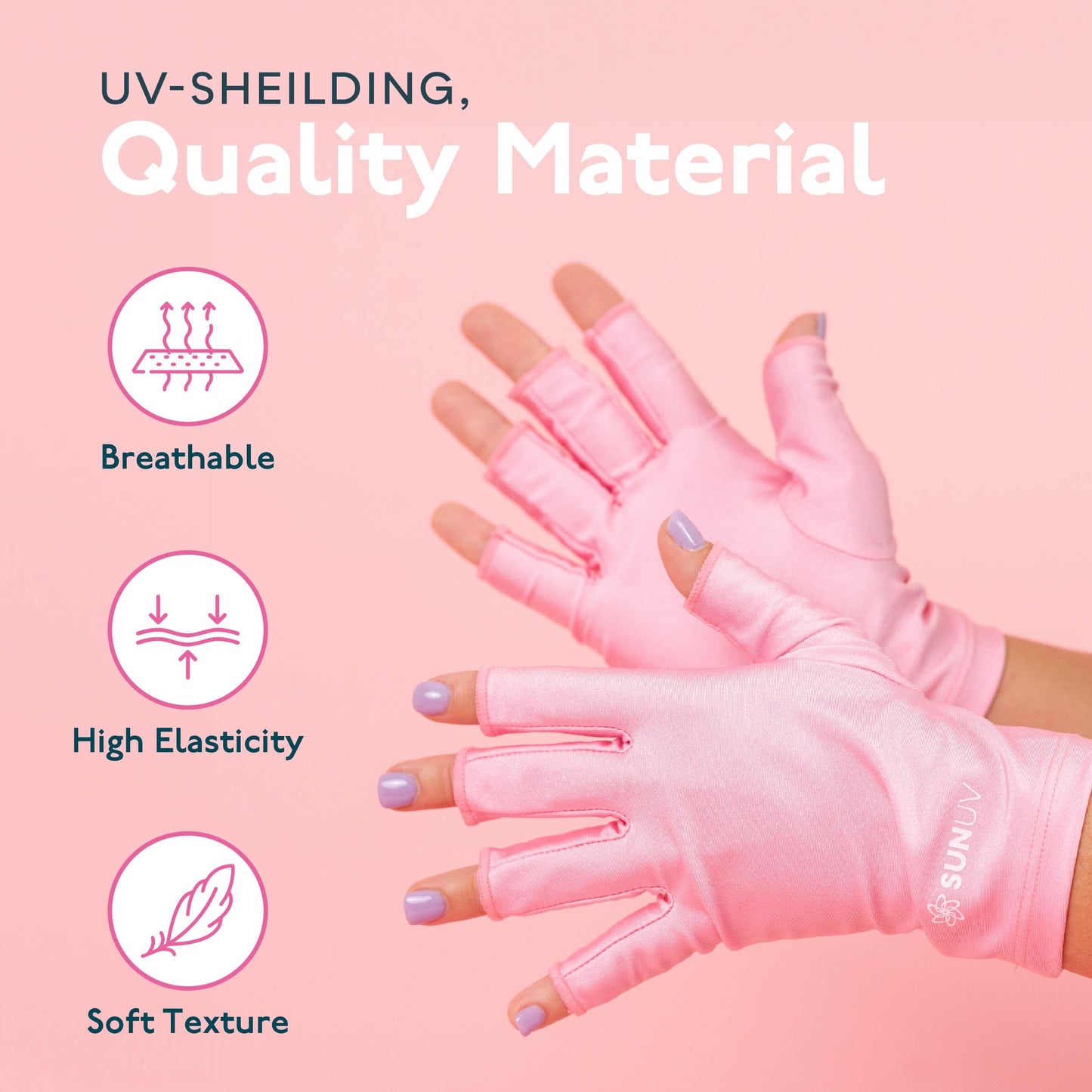 SUNUV LED Gloves for Gel Nails, UPF 50+ Anti UV Gloves for Gel Nail Lamp, Professional UV Gloves for Nail Techs Pink Gloves