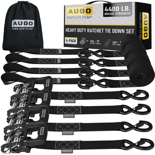 AUGO Heavy Duty Ratchet Straps & Soft Loops – Pack of 4 Extra Strong 1.5” by 15’ Ratchet Straps w/S-Hook Safety Latches & 4 Soft Loop Tie Downs – 4400Lb Break Strength for Motorcycles, ATVs, Etc.