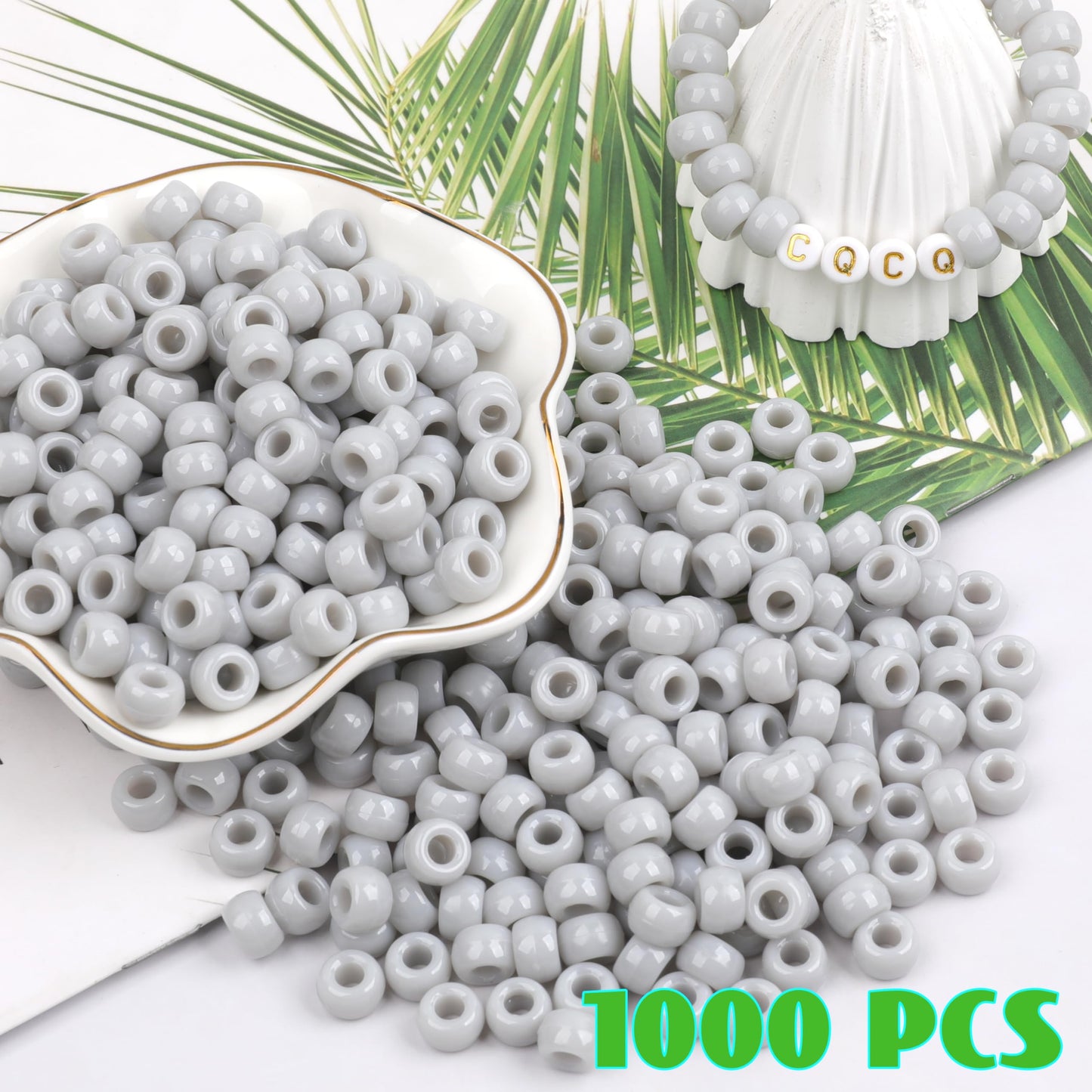 Auvoau 1000Pcs Pony Beads Bracelet 9mm Gray Plastic Barrel Pony Beads for Necklace,Hair Beads for Braids for Girls,Key Chain,Jewelry Making (Gray)