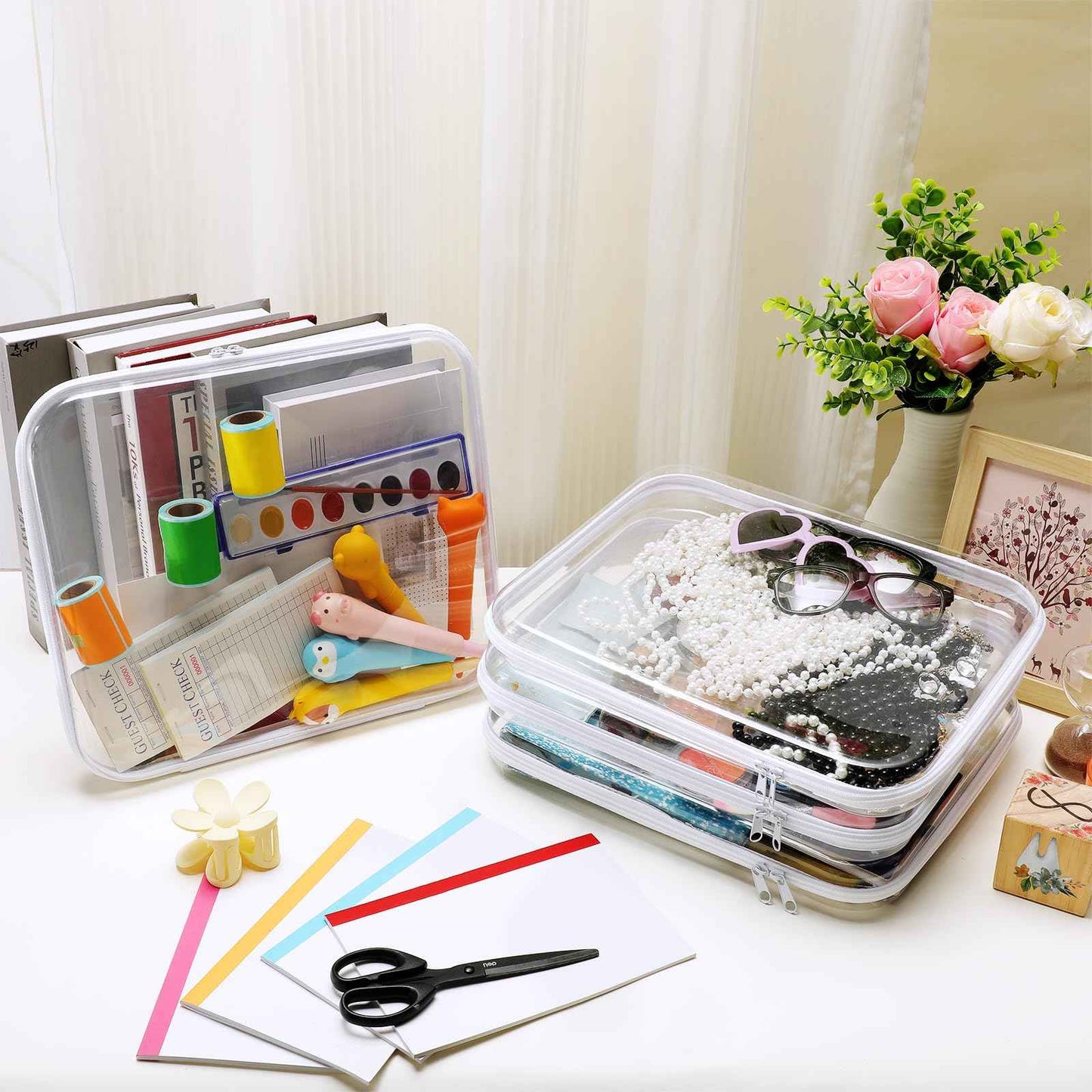 Hoolerry 4 Pcs Hard Clear Zipper Case Makeup Bags Plastic Pencil Pouch Transparent Storage Box Containers for Cosmetics, Snacks, Building Blocks, Puzzles(White,13.8 x 11.8 x 2 in)