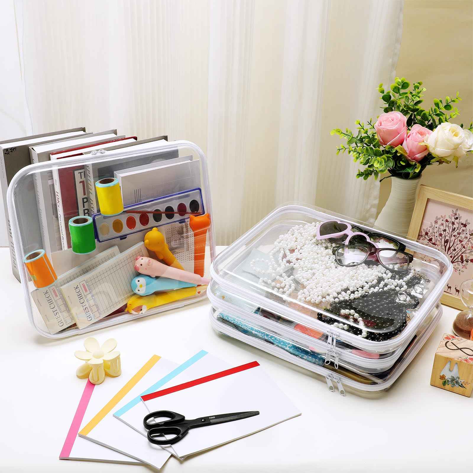 Hoolerry 4 Pcs Hard Clear Zipper Case Makeup Bags Plastic Pencil Pouch Transparent Storage Box Containers for Cosmetics, Snacks, Building Blocks, Puzzles(White,13.8 x 11.8 x 2 in)