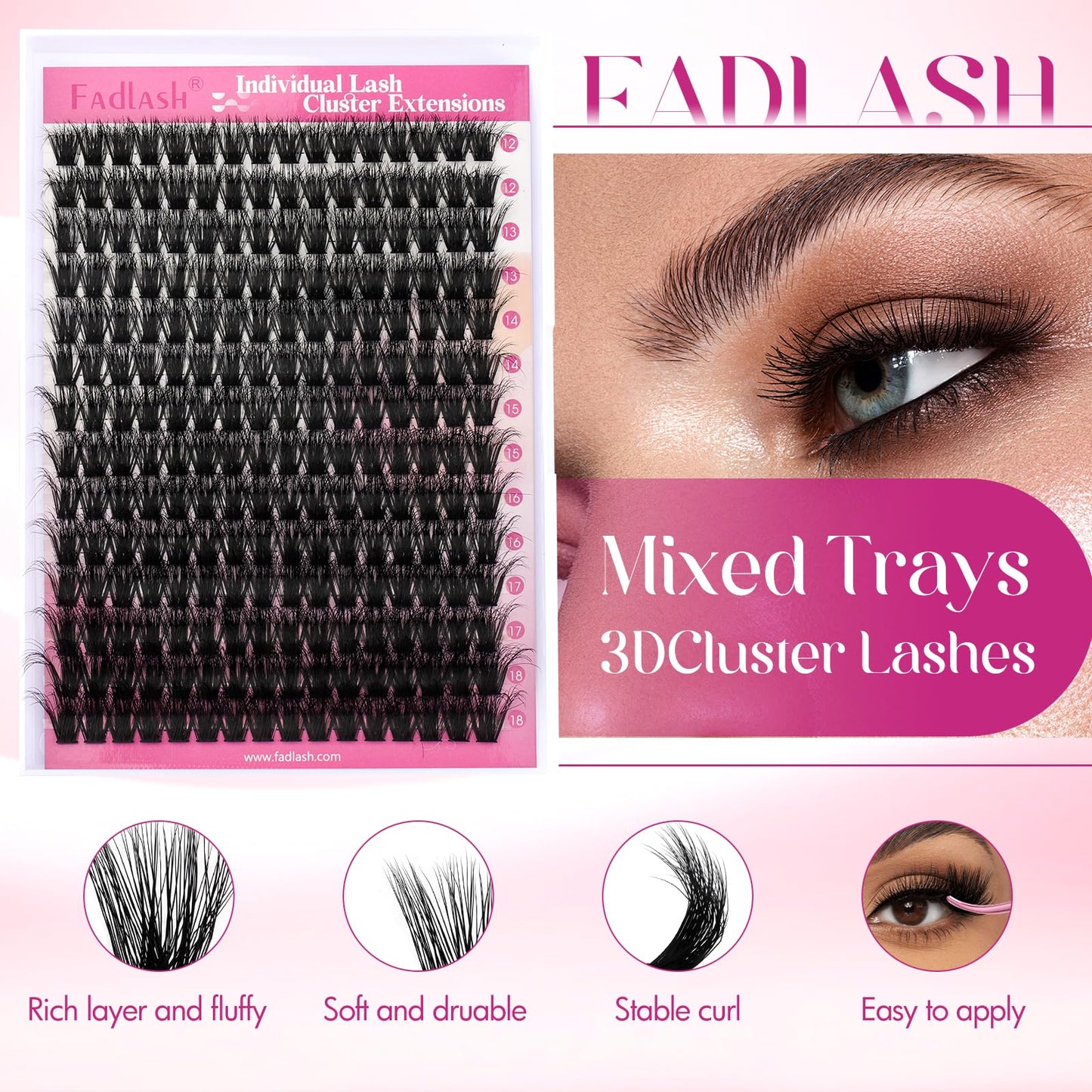 FADLASH Lash Clusters 100D Fluffy Eyelash Clusters 12-18mm Individual Lashes Cluster Eyelash Extensions 3D Effect Wispy Thick Lash Extension Clusters (100D-0.07-D, 12-18mm)