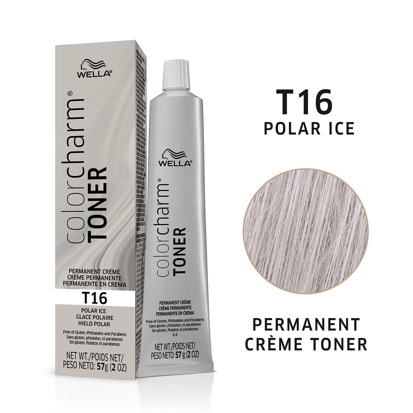 WELLA Color Charm Permanent Crème Toner, Free of Animal-Derivied Ingredients, Parabens Free, Gluten Free, T16 Polar Ice, 2 oz