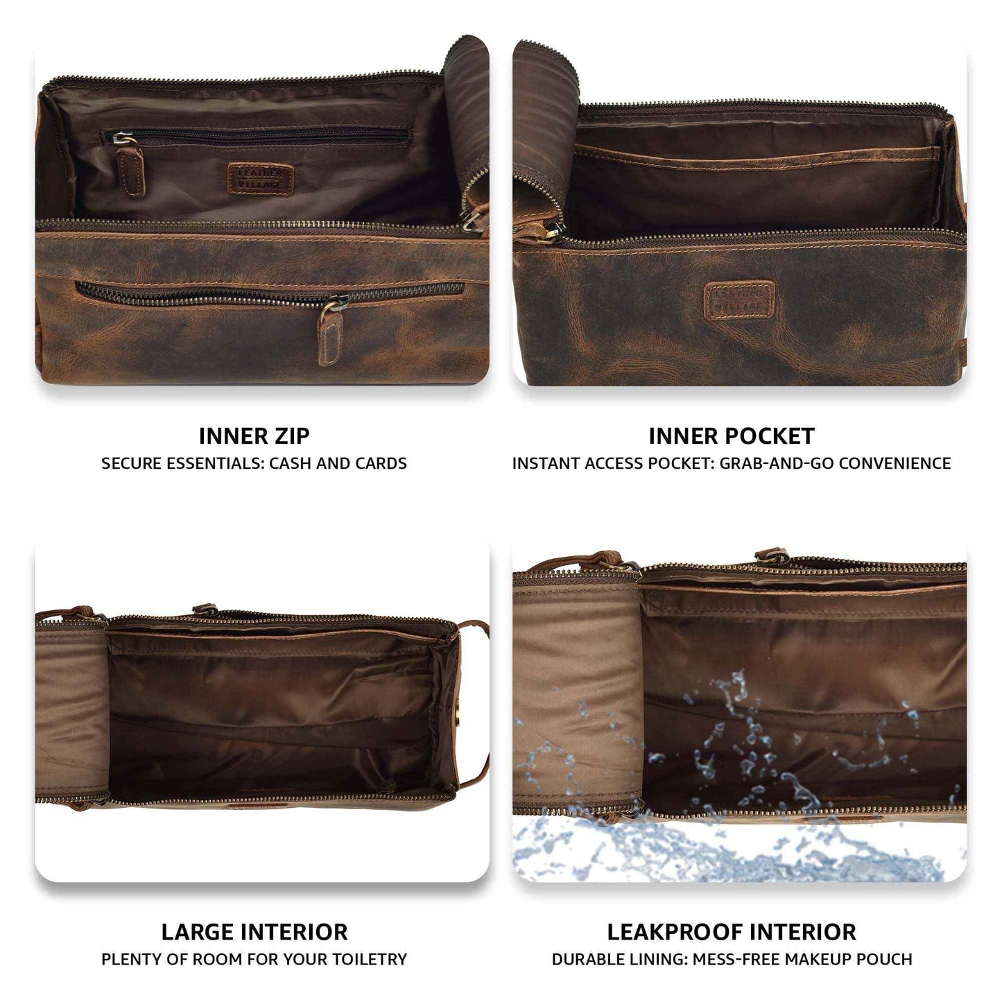 LEATHER VILLAGE Premium Leather Travel Toiletry Bag - Water-Resistant Dopp Kit for Toiletries, Large Shaving Bag & Bathroom Organizer - Gift for Men & Women - Rustic Brown