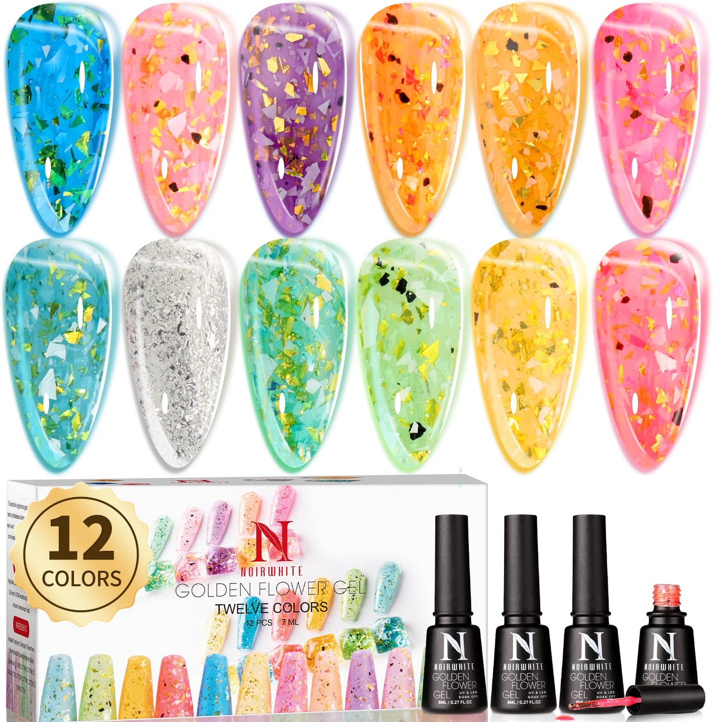 noirwhite Glitter Gel Nail Polish-12 Pcs Transparent Chunky Glitter Gel Nail Polish Set Gold Silver Blue Pink Jelly Nail Polish Gel Kit Soak Off UV LED Nail Lacquer Nail Art Manicure Gift for Family