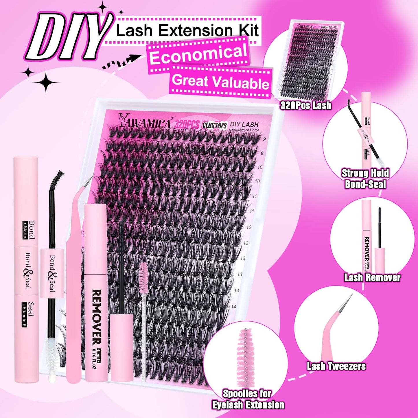 Eyelash Extension Kit 320pcs Lash Clusters D Curl 9-16mm Mix 40D Individual Lashes with Lash Bond and Seal and Remover Lash Applicator for Lash Extension Beginners