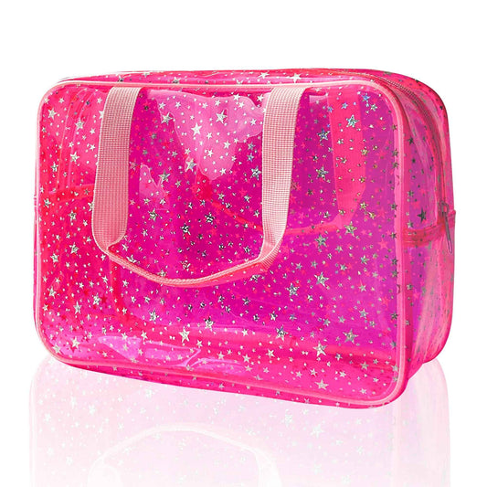 TotePrint Hot Pink Star Large Cosmetic Bag 12x5x8 inch Travel Pouch with Handle,Durable PVC Material,Zipper Design-Ideal for Makeup,Travel Essentials