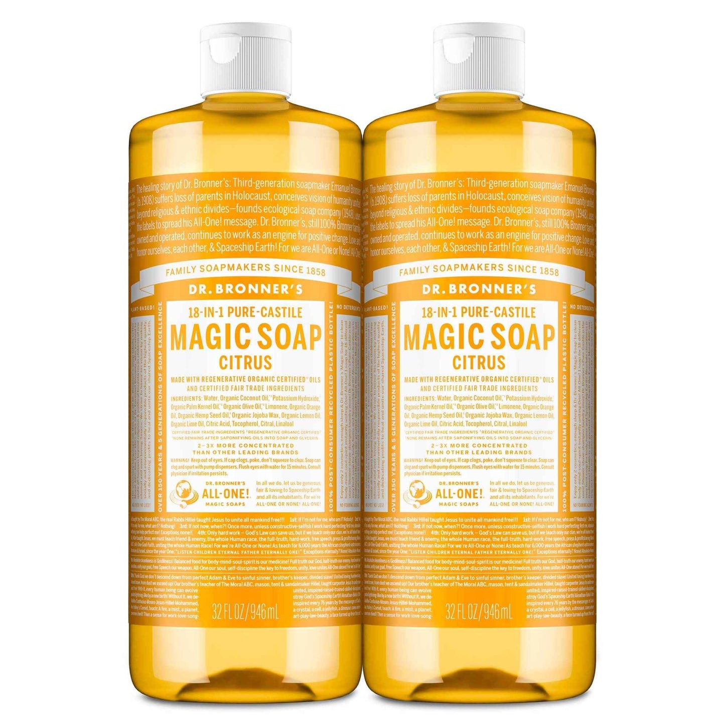 Dr. Bronner's Magic Soap-Pure-Castile Liquid Soap (Citrus, 32 ounce, 2-Pack)-Regenerative Organic Certified Oils, 18-in-1 Uses: Body, Hair, Laundry, Pets & Dishes, Concentrated, Vegan, Non-GMO