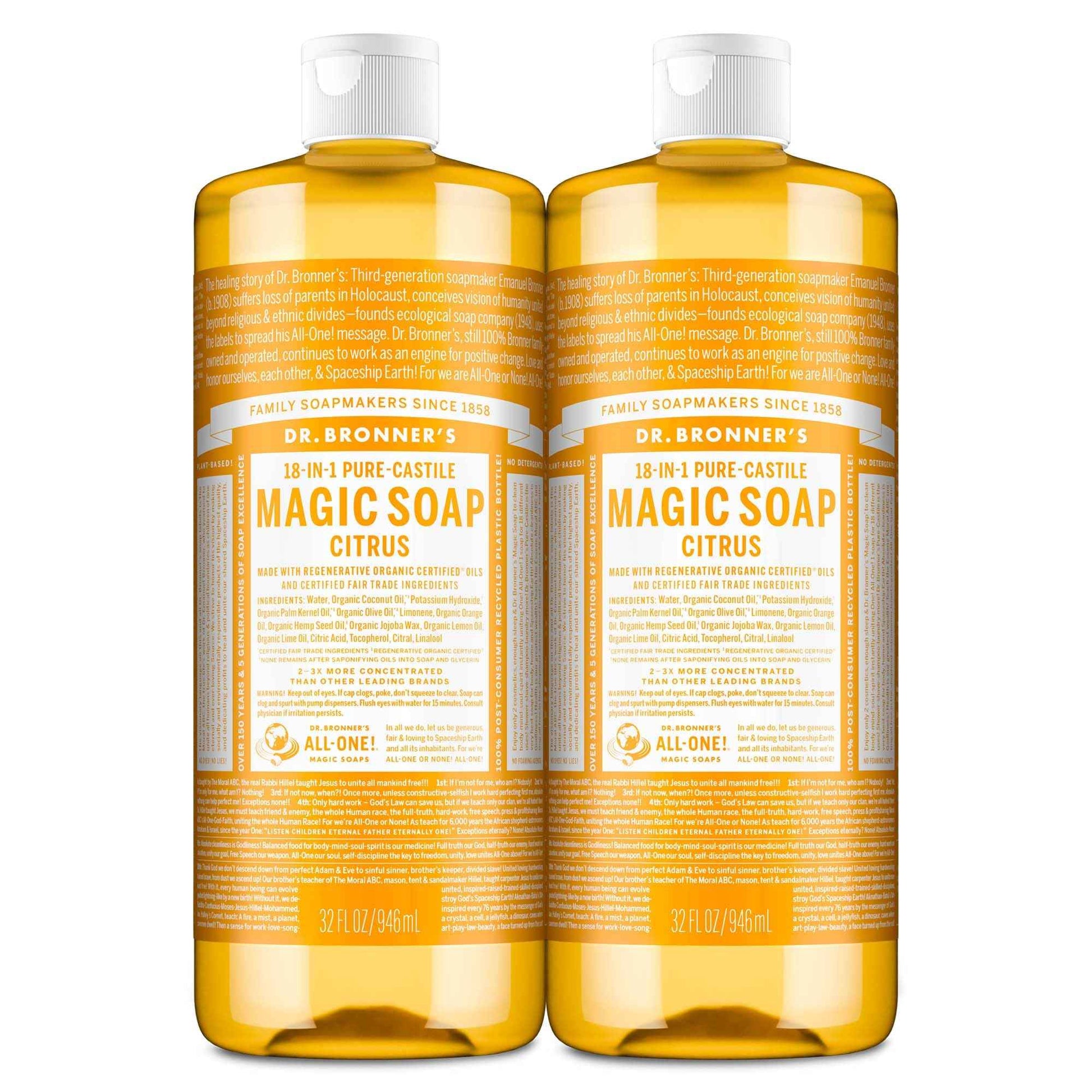 Dr. Bronner's Magic Soap-Pure-Castile Liquid Soap (Citrus, 32 ounce, 2-Pack)-Regenerative Organic Certified Oils, 18-in-1 Uses: Body, Hair, Laundry, Pets & Dishes, Concentrated, Vegan, Non-GMO