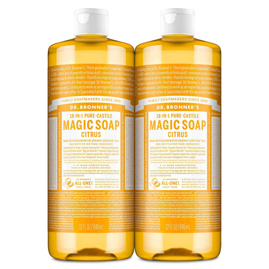 Dr. Bronner's Magic Soap-Pure-Castile Liquid Soap (Citrus, 32 ounce, 2-Pack)-Regenerative Organic Certified Oils, 18-in-1 Uses: Body, Hair, Laundry, Pets & Dishes, Concentrated, Vegan, Non-GMO