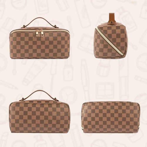 BAYANKALA Leather Travel Makeup Bag, Large Capacity Cosmetic Bag for Women, Waterproof Portable Pouch with Divider, Toiletry Organizer with Handle, 10.5x5x5 Inches, Deep Brown