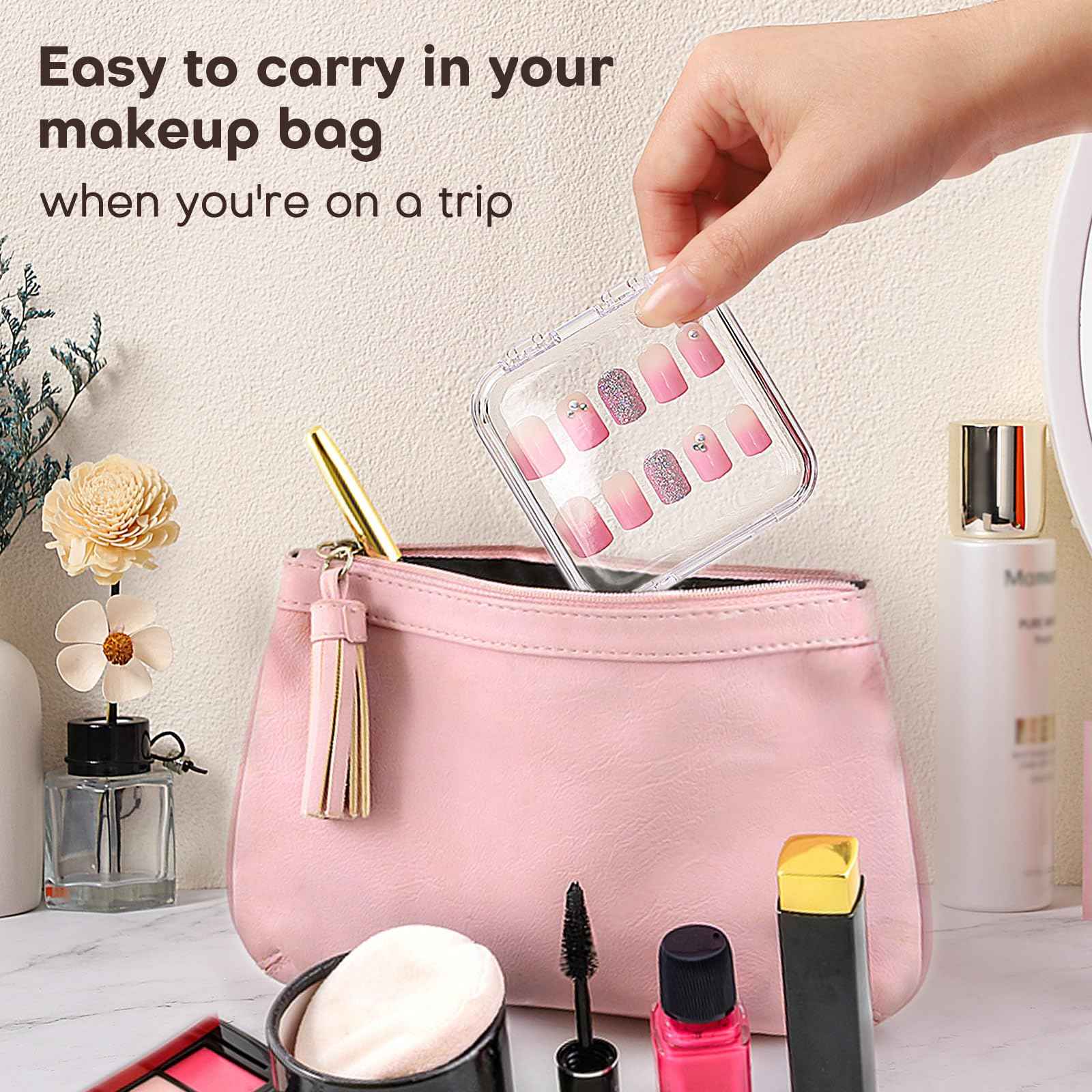 Noverlife 27 Set Press-On Nail Packaging Display Box w/ Adhesive Tape, 3x3" Clear Fake Nail Storage Container